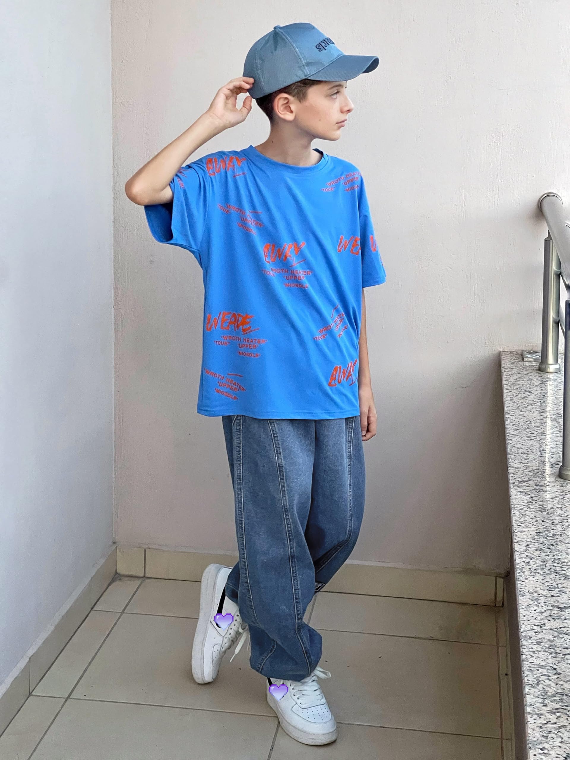Rolanko Pantalones de mezclilla holgados para niños, elásticos, de ajuste recto, holgados, para niños de 4 a 14 años