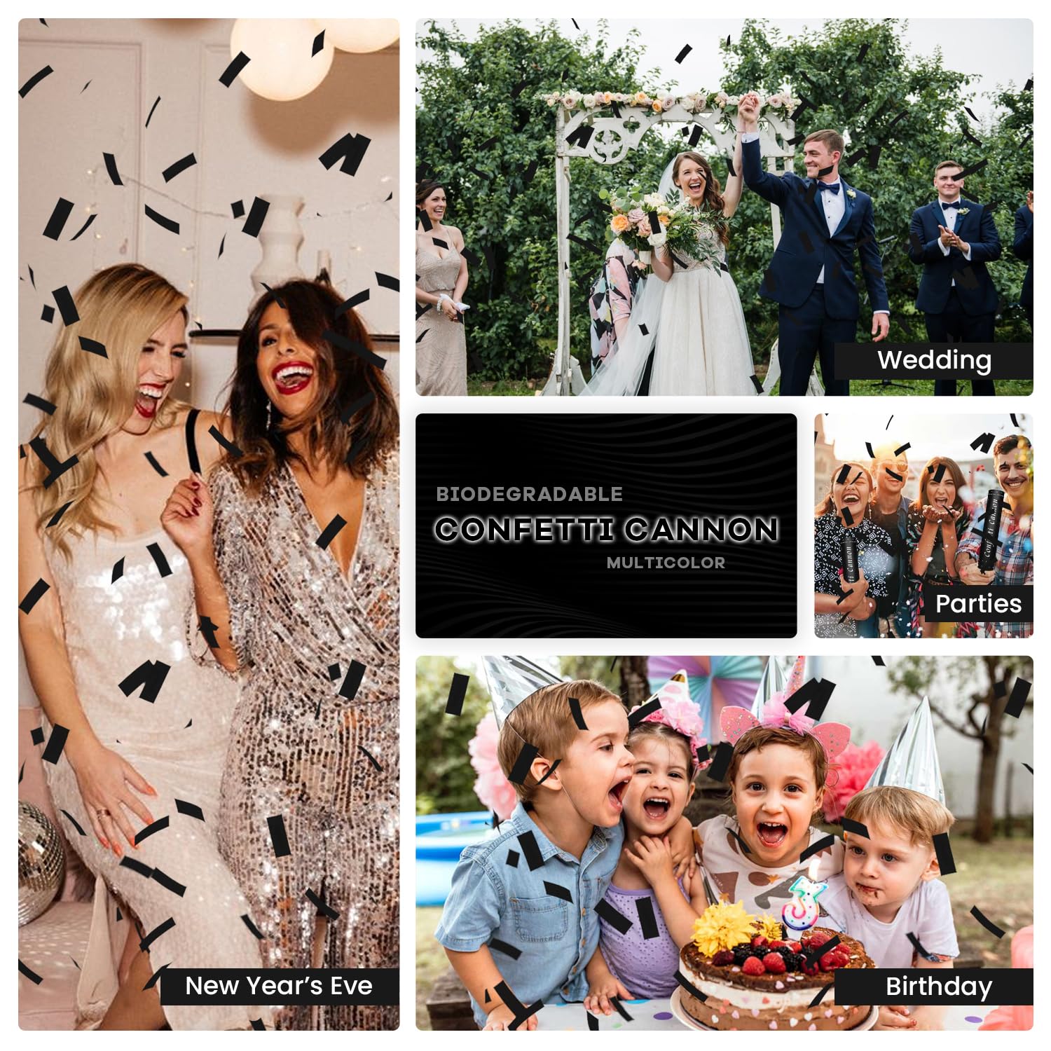 Konfettikanone, 12 Stück, schwarz, biologisch abbaubar, 30,5 cm, schwarze Party-Popper, Konfettikanone für Feiern, Hochzeit, Geburtstag, Abschlussfeier, Babyparty, Weihnachten, Neujahr.