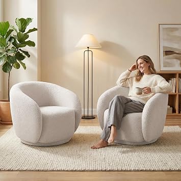 Swivel Barrel Chair, No-Assembly, Thick Foam, Oversized, Boucle, Modern