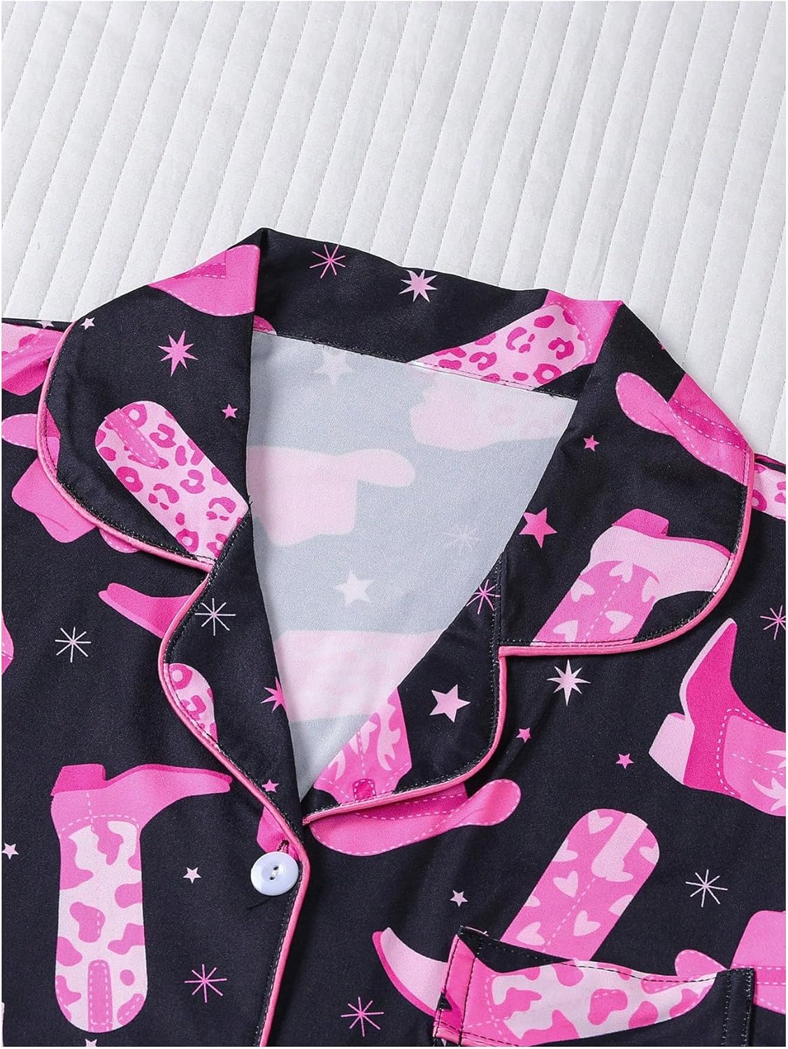 WDIRARA Women's 2 Piece Boots Graphic Pajama Set Pocket Patched Button Down Shirt with Shorts Satin Sleepwear - Image 2