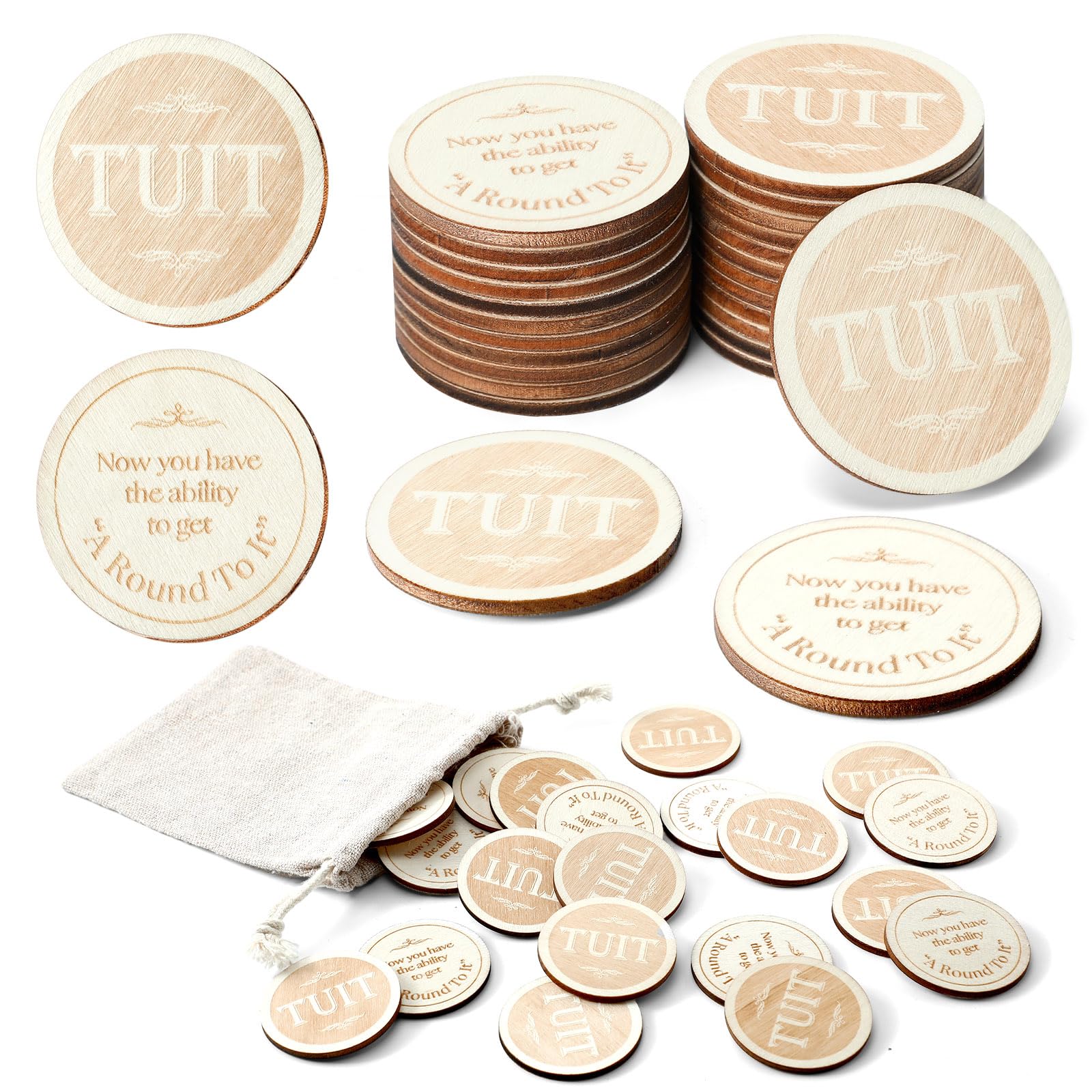 Sonwyoung 24 Pcs Wood Round Tuit 1.5 Inch Polished Wooden Tokens with Bag When You Get a Round to It for Colleague Family