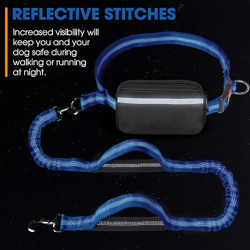 Miniatura 6 de Correa de perro manos libres con cinturón – Bungee sin tirones, asas acolchadas dobles y bolsa con cremallera para correr, caminar y entrenar – Azul