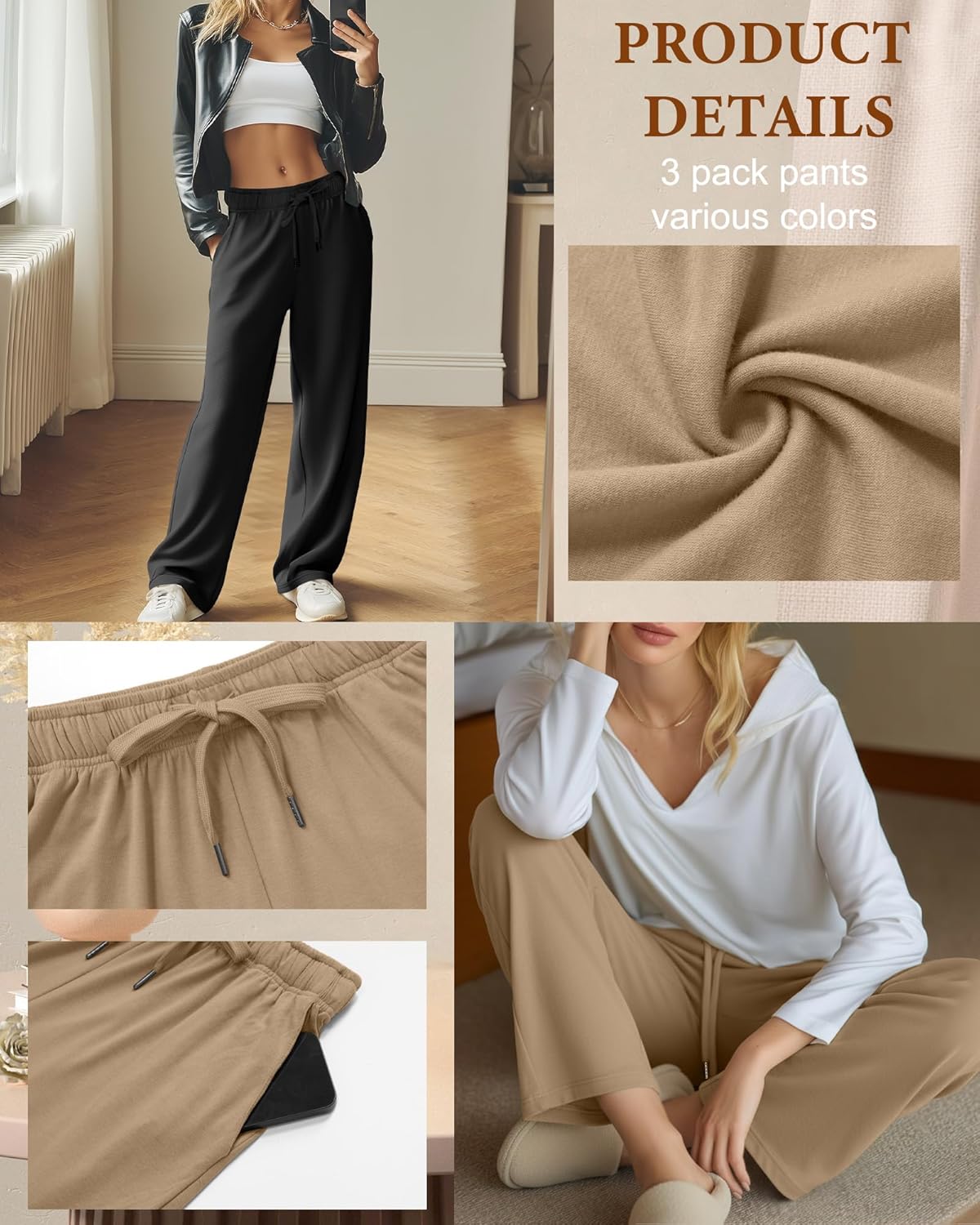3 Pack Womens Lounge Pants Wide Leg Drawstring Casual Palazzo Trousers High Waisted Yoga Sweatpants with Pockets - Image 3
