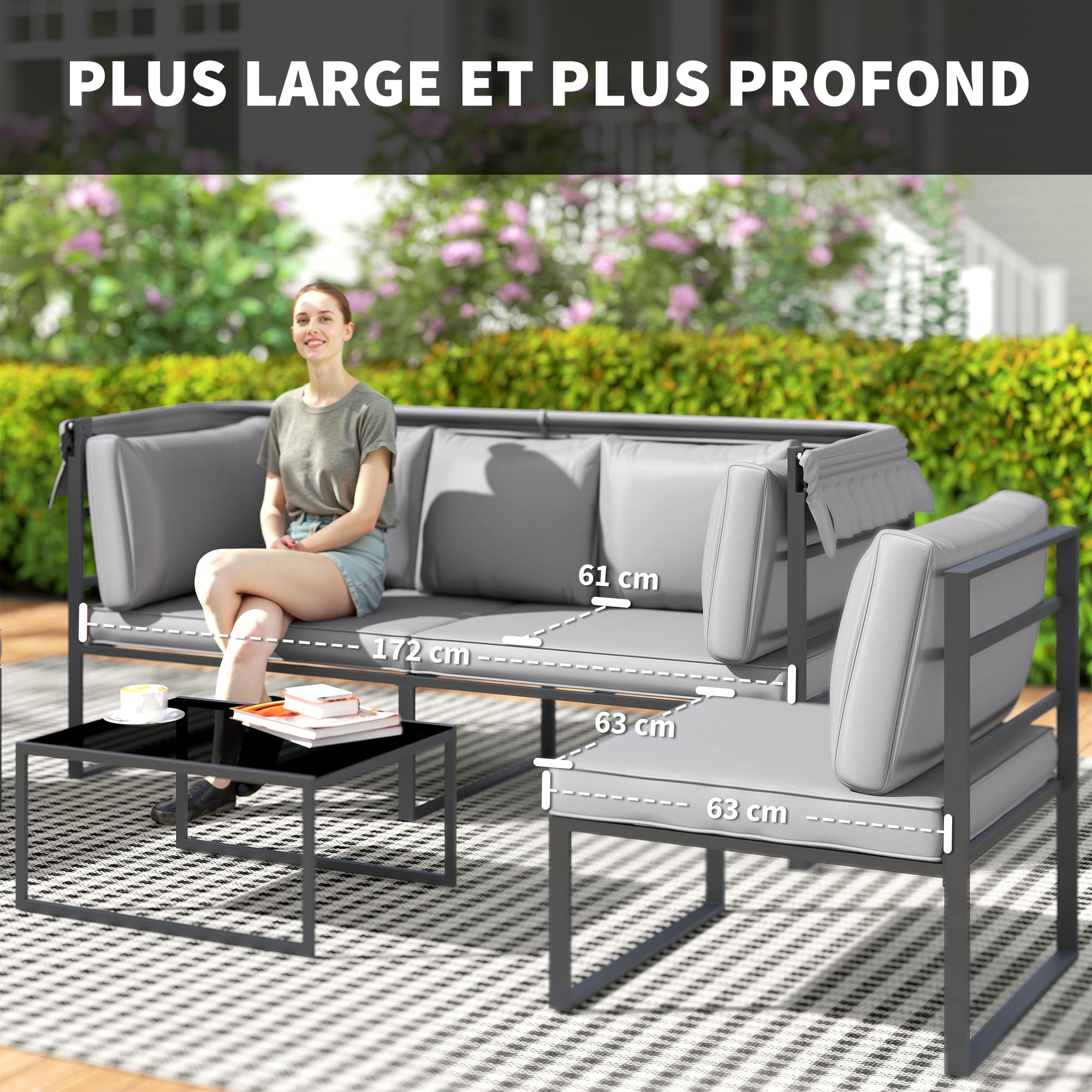 Outsunny Salon de Jardin extérieur 4 pièces modulaire avec canapé 3 Places, 2 fauteuils et Table Basse en Verre trempé, mobilier de Jardin avec Coussins Inclus pour terrasse ou véranda, Gris