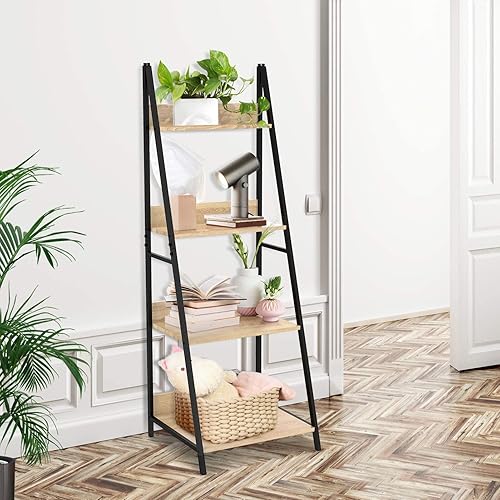 Miniatura 5 de SpringSun Estante de escalera de 4 niveles, soporte de madera para plantas y flores, estante de almacenamiento, marco de acero para oficina y hogar