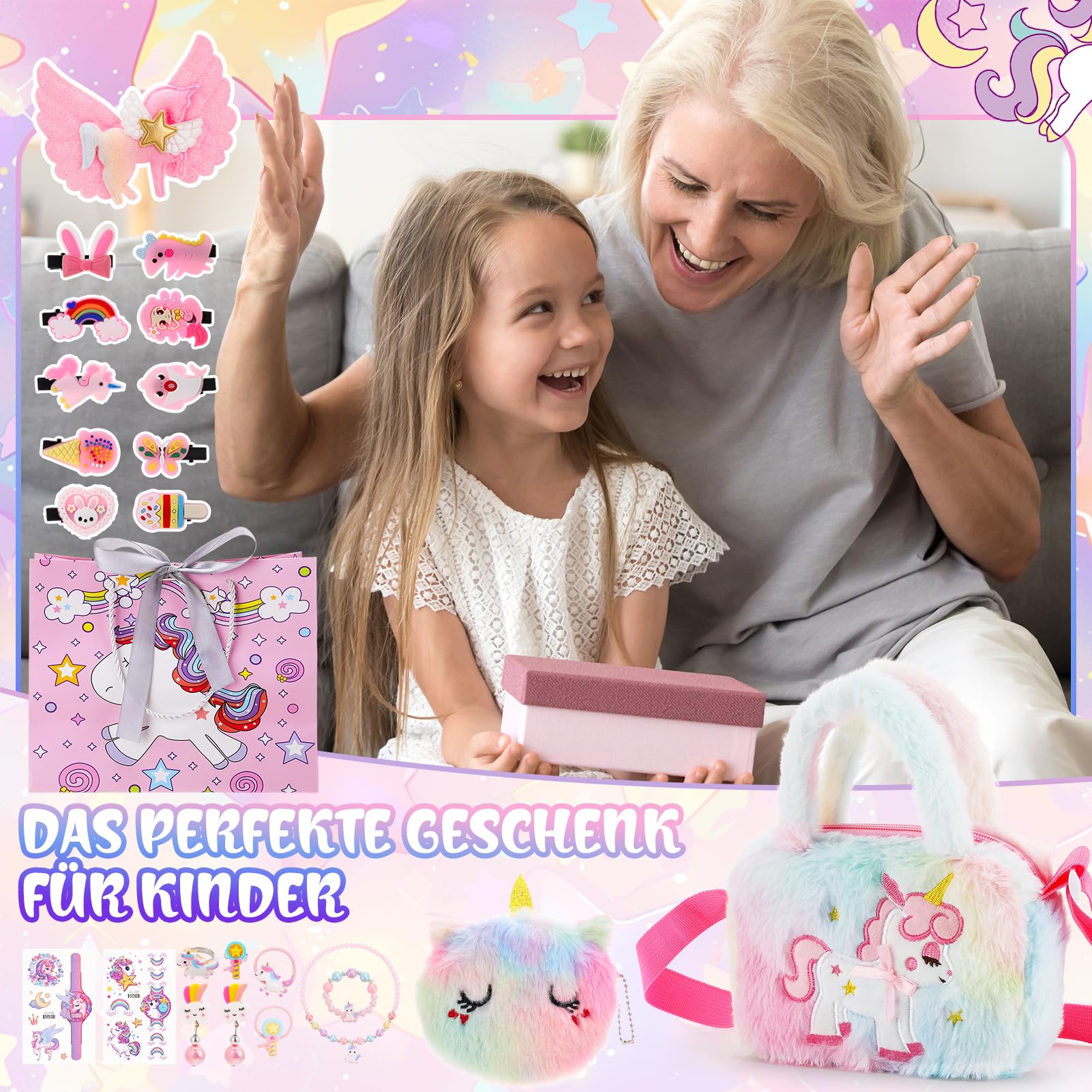 Lot de 23 cadeaux licorne pour filles de 3, 4, 5, 6, 7, 8 ans, ensemble de bijoux licorne avec sacs, bijoux pour enfants, épingles à cheveux, tatouages temporaires, sacs cadeaux
