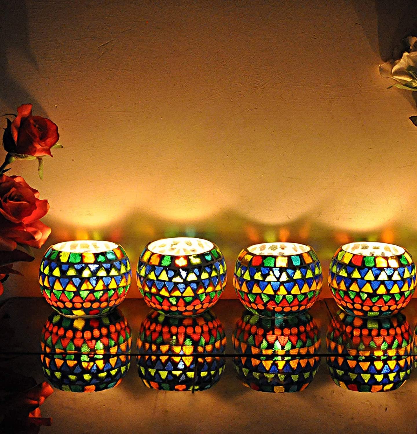 The Victory Home Valentine Day Special & Home Decor Items Mosaic Glass Tealight Candle Holders for Living Room Decoration Light 3 Inch ( 4 Pcs )