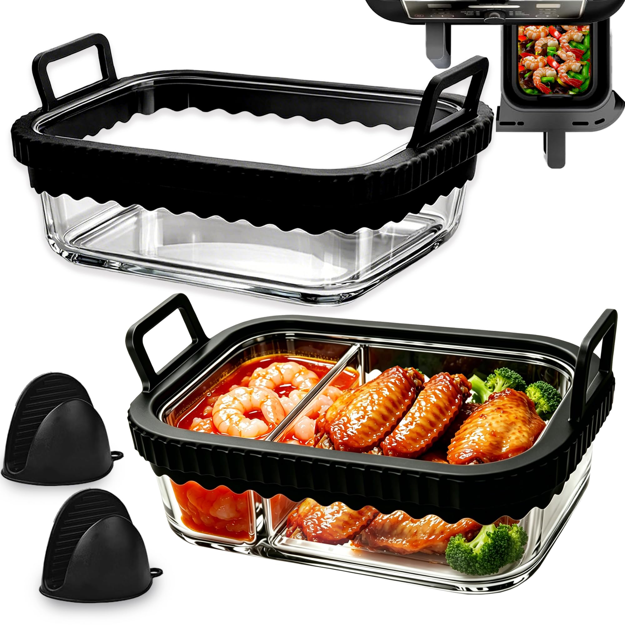 2-Pack Glass Air fryer Accessories with Removable Silicone Ring,for Dual Zone Air fryer Keplin,NINJA AF400UK/DZ400UK,SL400UK,EMtronics 9L,Dishwasher Safe BPA-Free,Airfryer Liners for Double Air Fryer
