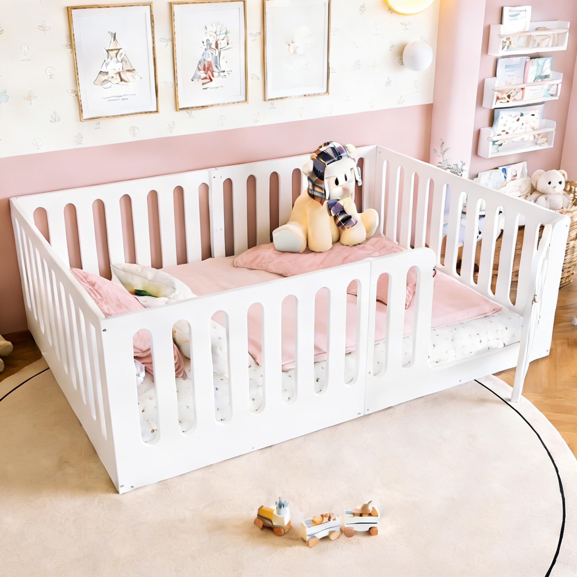 Full Size Kids Floor Bed with High Fence & Door, Wooden Full Montessori Floor Beds with Low-Profile Design for Kids Girls Boys (White)