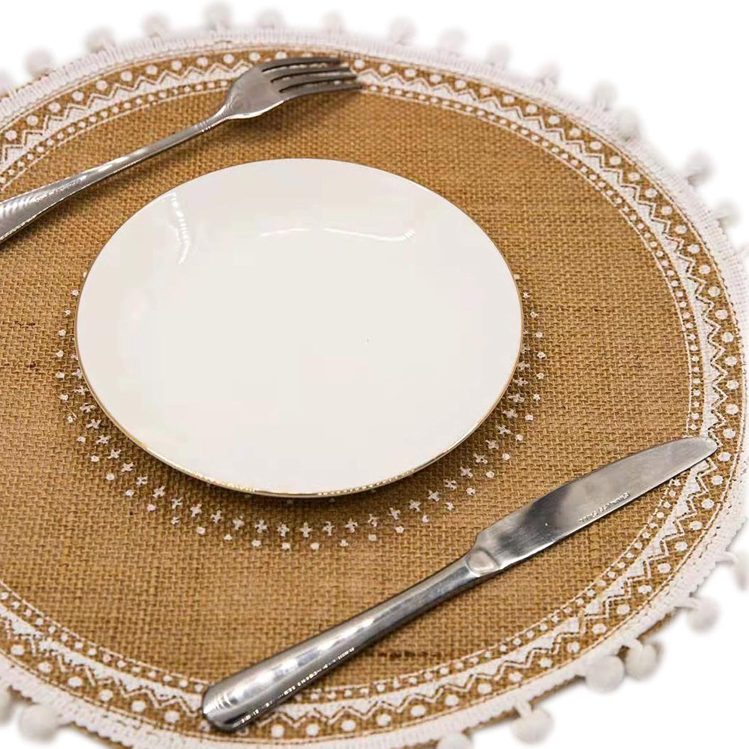 Placemats, Dining Winter Modern Dinner Braided Beige and Fall Circle Placemats Boho Runner Kitchen Round Table Plate Mats Set of 4 (White Ball)
