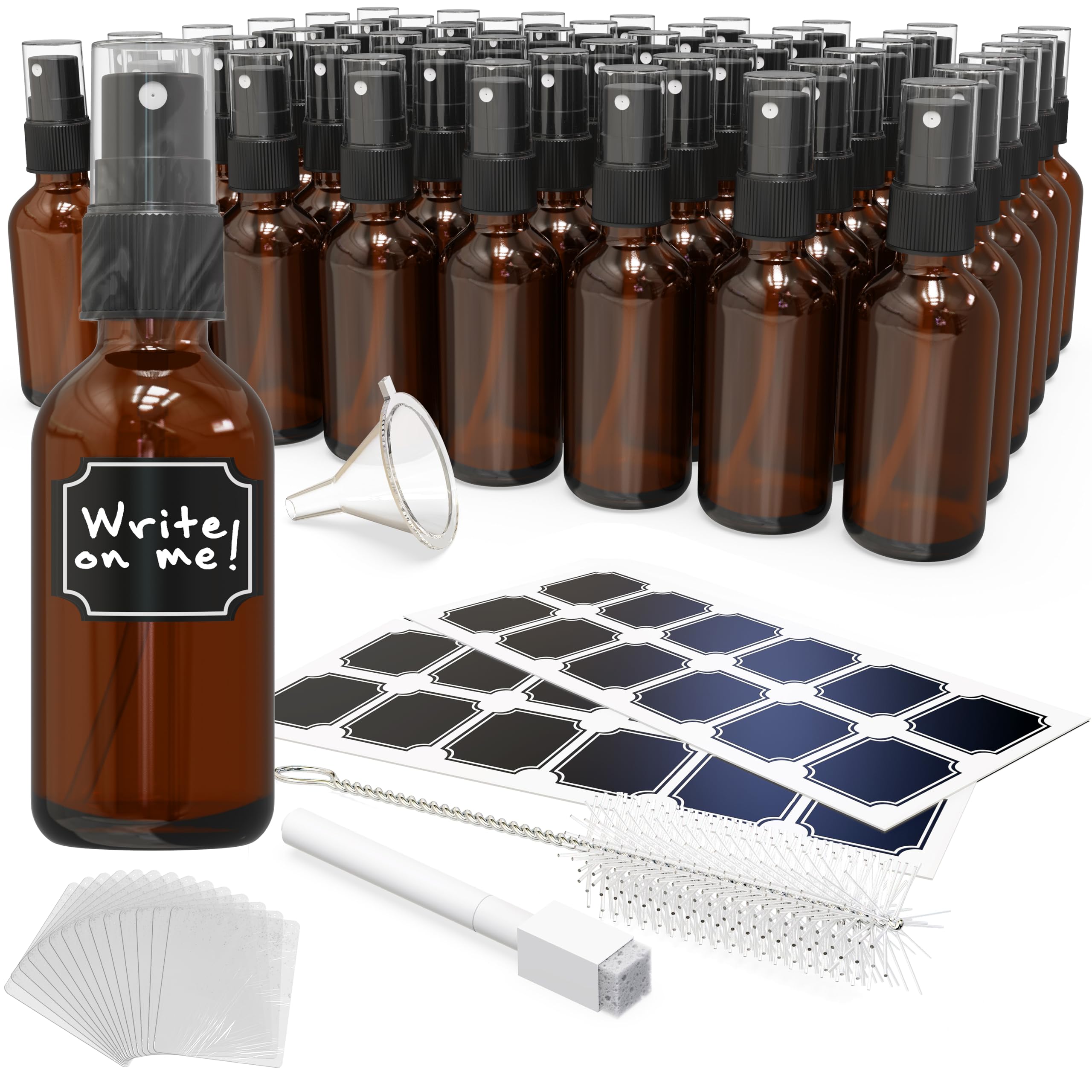 Nevlers 2 Oz Amber Glass Spray Bottles 48 Pack | Empty Spray Bottles Small Set w/Shrink Wrap, Funnel, Brush & Labels| Amber Glass Bottle Sprayer For Use as Travel Cologne Sprayer & Perfume Bottle