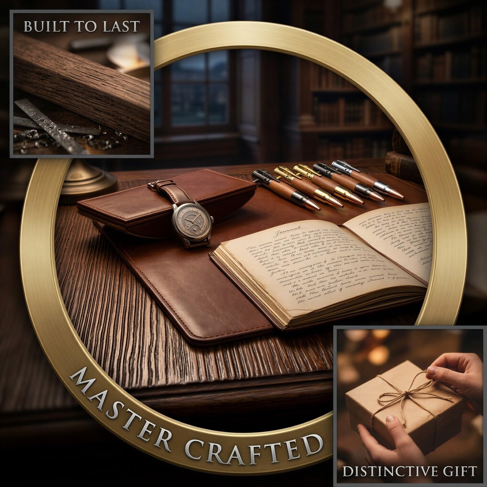 6 Stk. Bolt-Action-Stift Set, Patronenstift mit Birnenholz und Metallgehäuse, nachfüllbare Kugelschreiber als Geschenk für Männer, besondere Schreibwaren fürs Büro, Geburtstag, Vatertag, Gold Silber