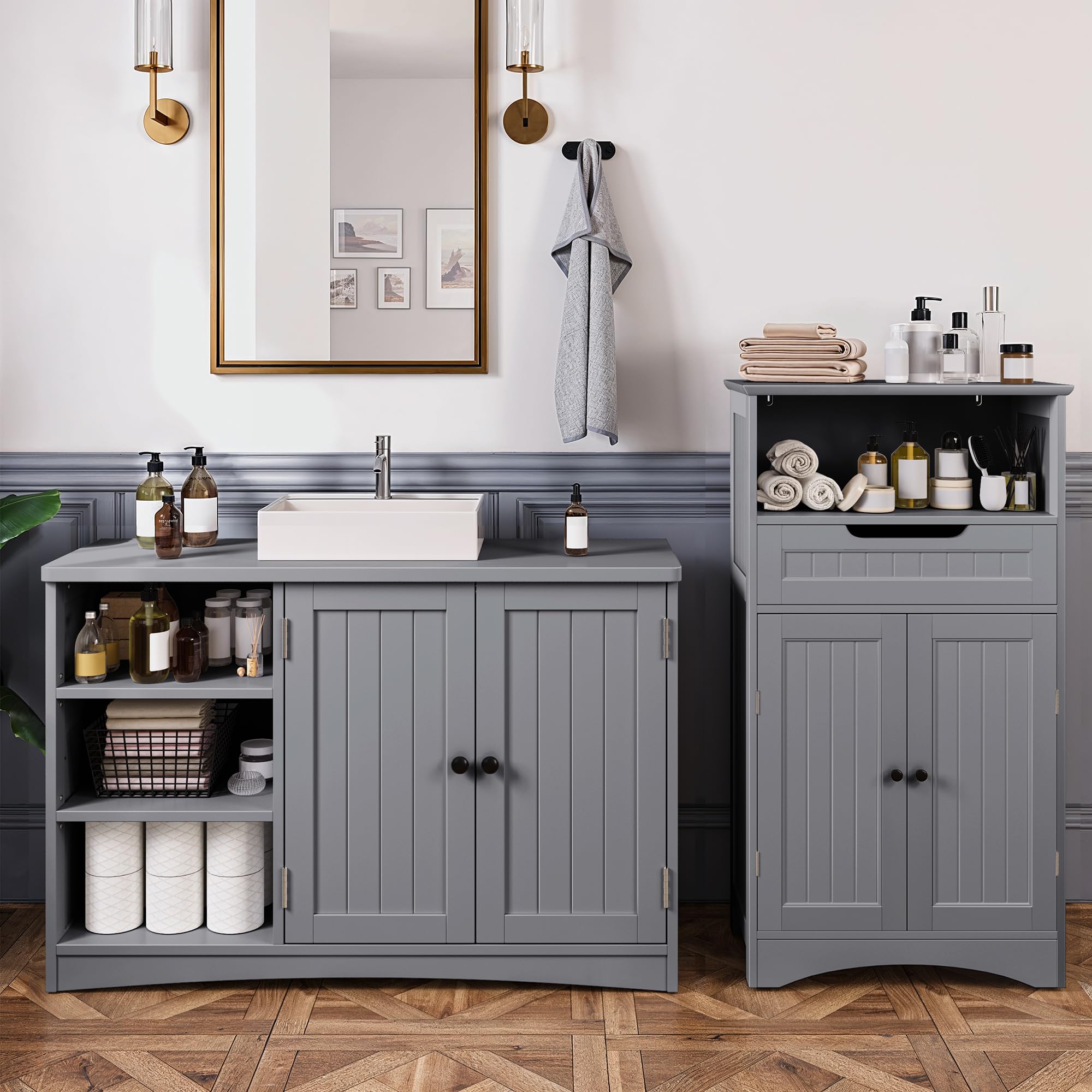 Bealife Waschbeckenunterschrank, Badezimmerschrank 90 x 30 x 60 cm, mit 2 Türen, 5 Fächern und höhenverstellbarem Einlegeboden in 3 Stufen, Magnetverschluss, viel Stauraum, wasserabweisend (Grau)