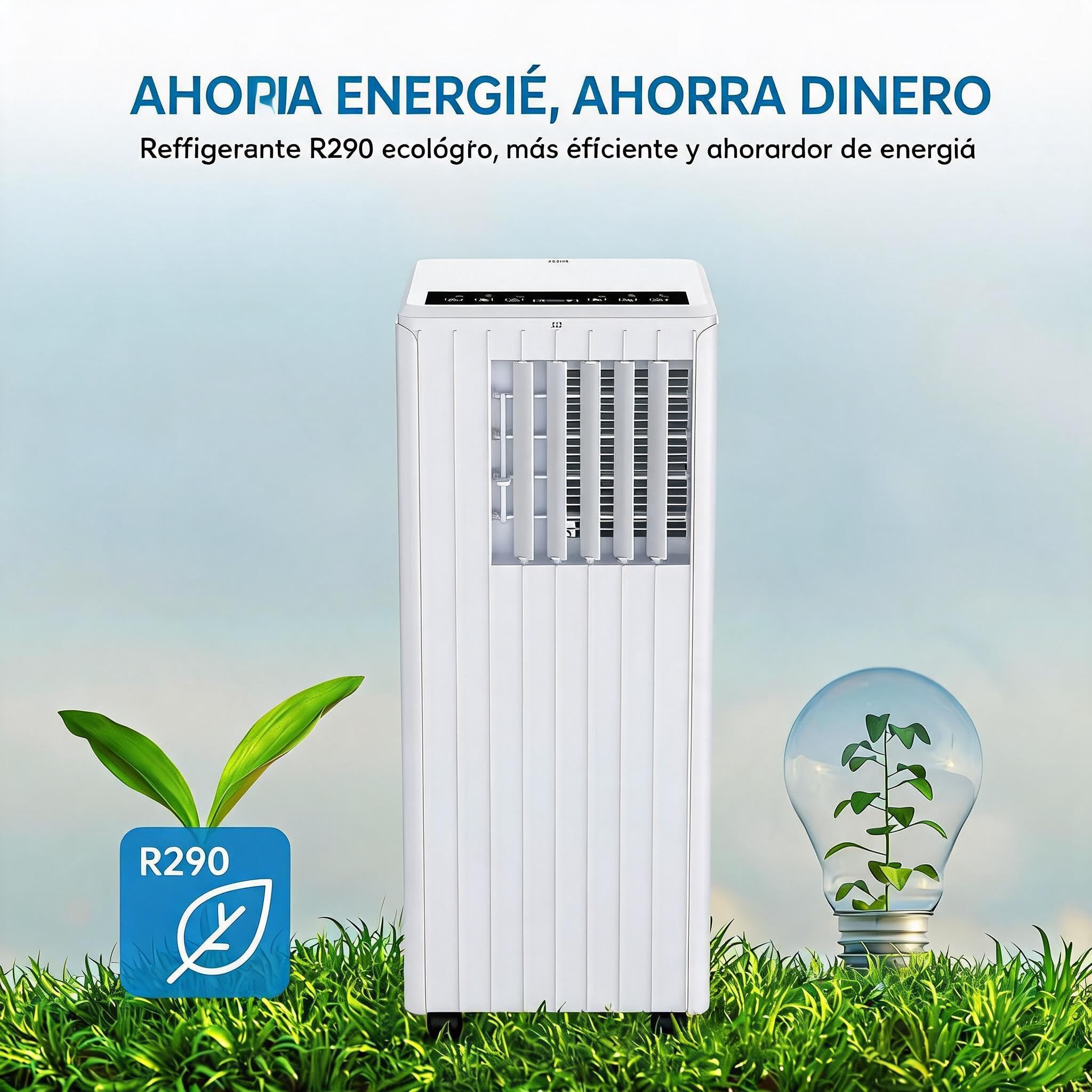 Aire Acondicionado Portátil 9000 BTU 3 en 1 – Enfriamiento Rápido, Deshumidificador, Ventilador – 2 Velocidades, Temporizador 24H, modo Sueño, Mando, Bajo Consumo, R290, Ruedas, hasta 32m²