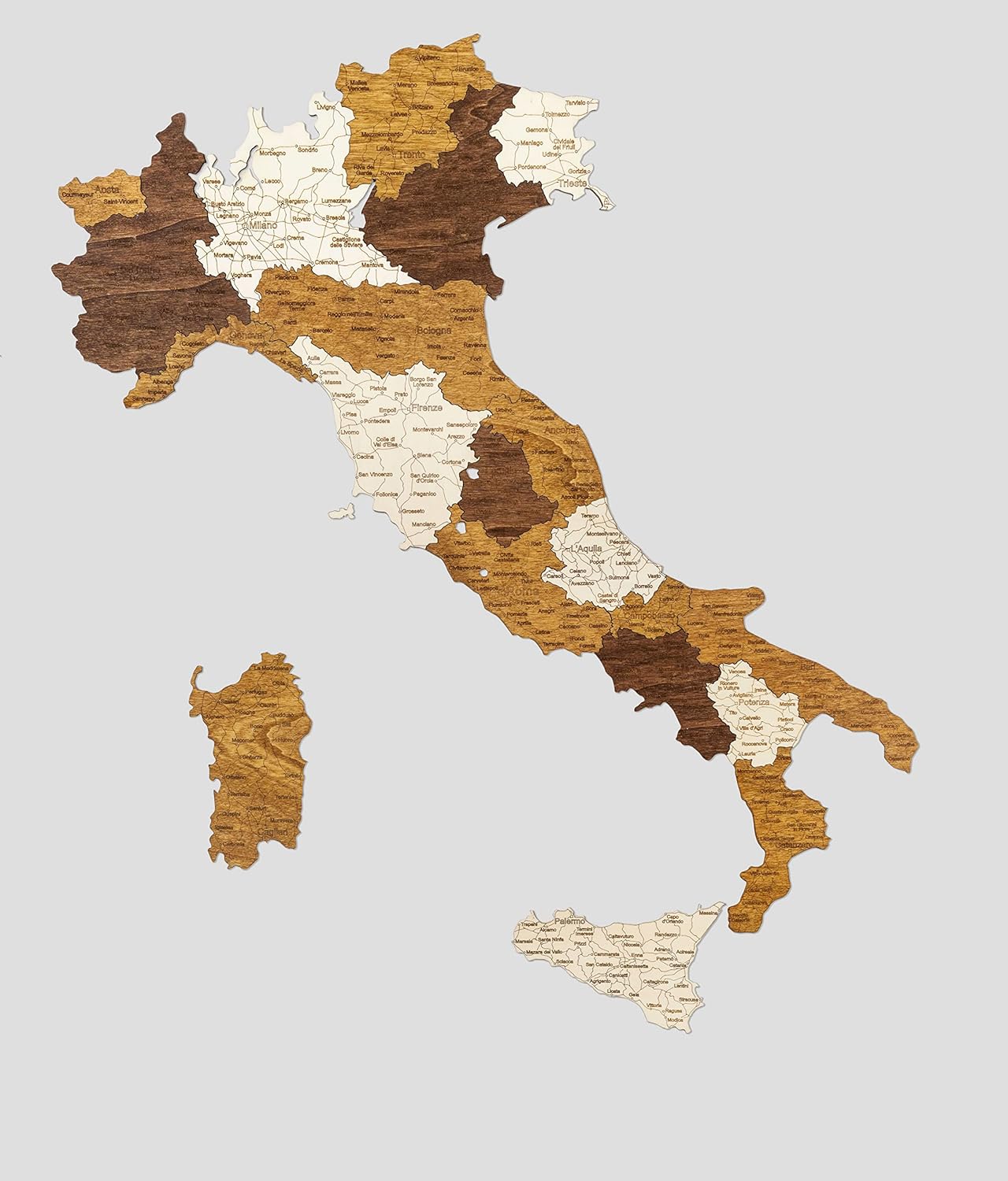 2D Wooden Map of Italy - Multilayered, Multicolour Stained Wood, Engraved Names - Wall Decoration for your office, living room, hallway (85x56 cm (33.5 x 22.05 inch))