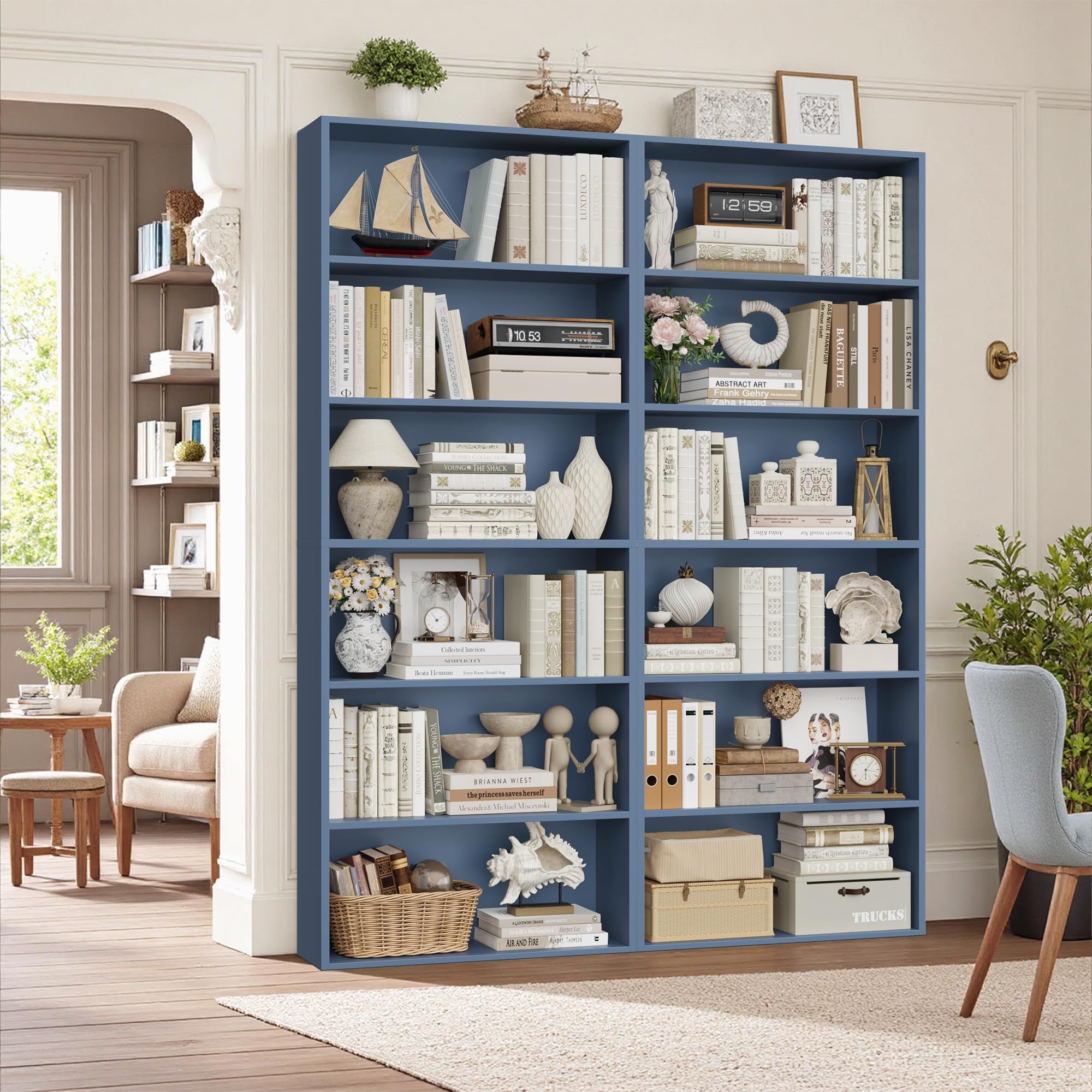 fotosok 6-tier open bookcase and bookshelf set of 2, freestanding display storage shelves tall bookcase for bedroom, living room and office,blue