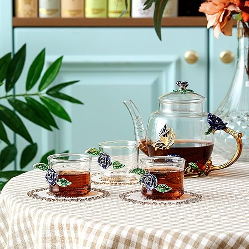 Miniatura 3 de Juego de té floral de 7 piezas para mujer, juego de tetera de flores elegantes para adultos, juego de tetera de cristal, regalo para mamá, fiesta de