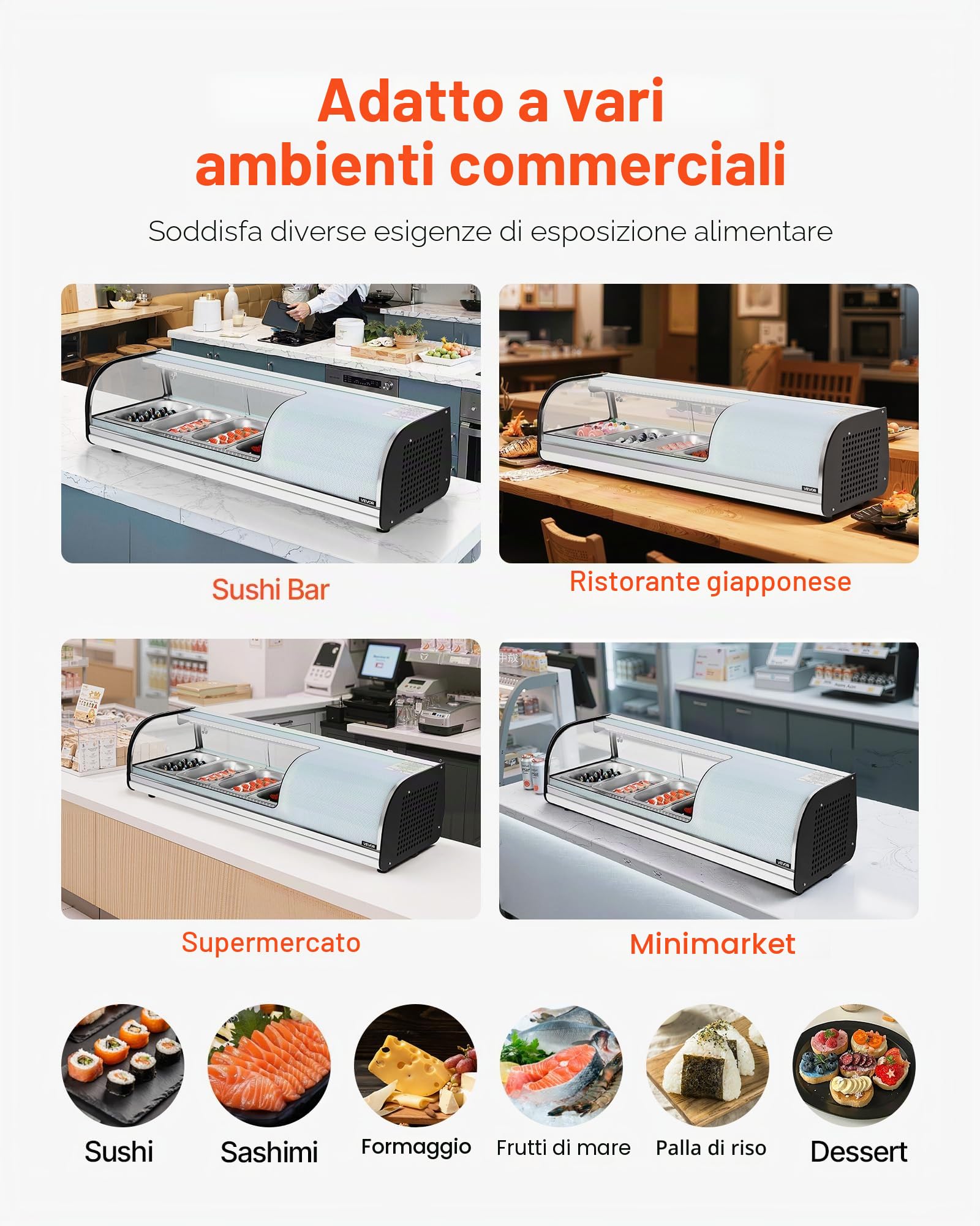 VEVOR Vetrina Refrigerata per Sushi Commerciale da 42 L, 4 Teglie con Vetro Curvo, Illuminazione a LED e Controllo Digitale della Temperatura, Frigorifero per Bancone Ristorante Negozio