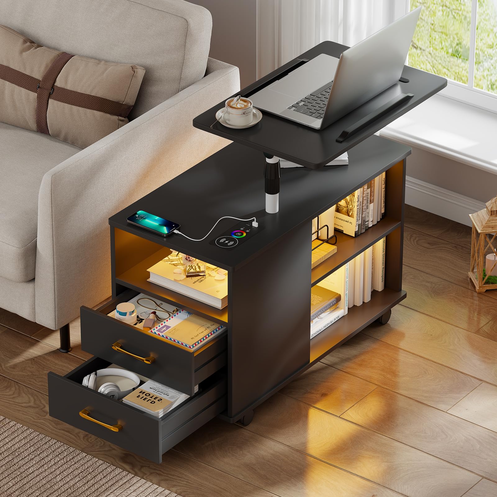 WOOVIVS Nightstand with USB Charging Station, Bedside Table with Storage Drawer, Rotatable Bracket, Modern Design (Black