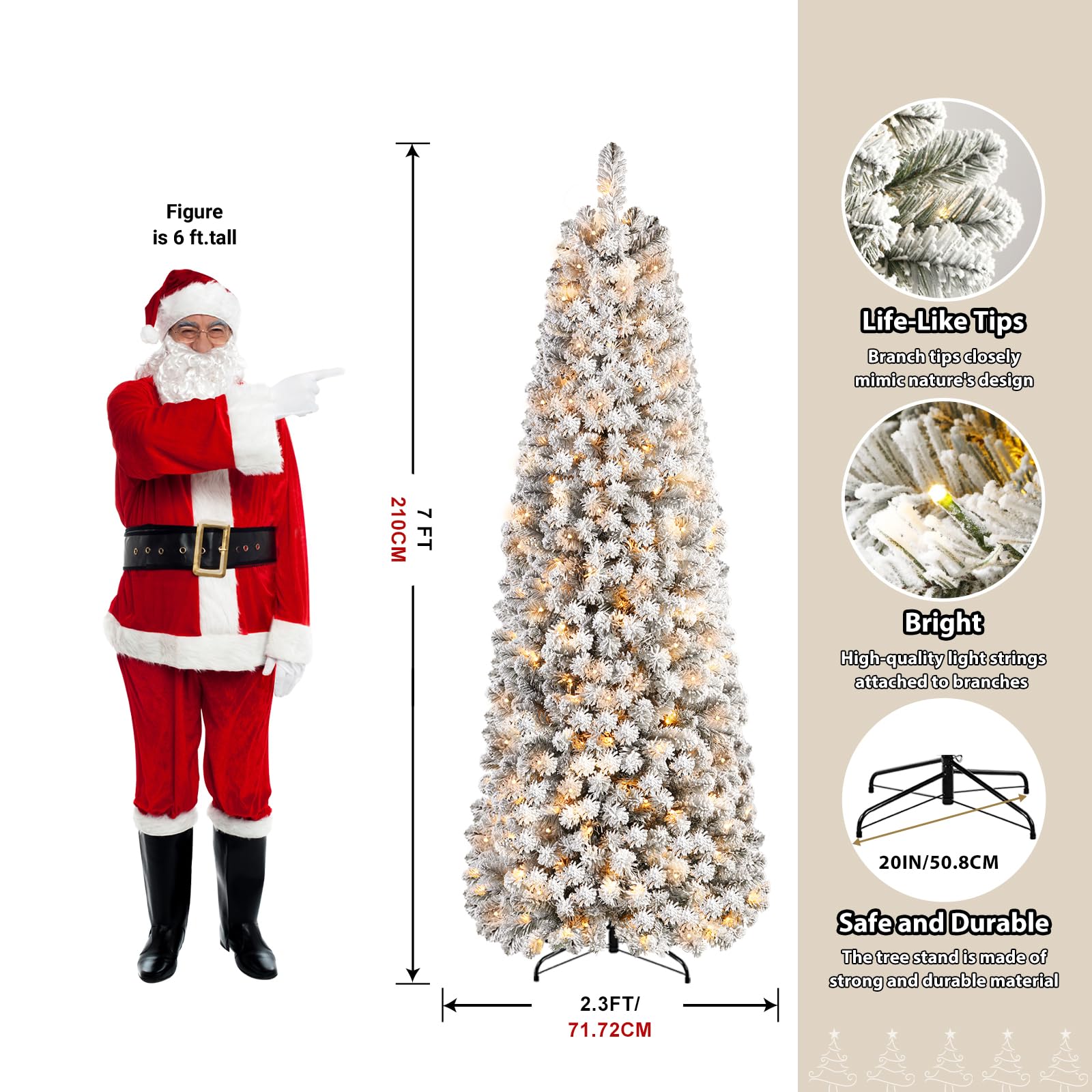 SHareconn Albero di Natale Artificiale 210cm Pre-Illuminato Slim con 250 Luci LED Bianco Caldo, Rami PVC ad Cerniera Innevate & Base Metallica, Albero Pencil Space Saving per Decorazione Casa Ufficio