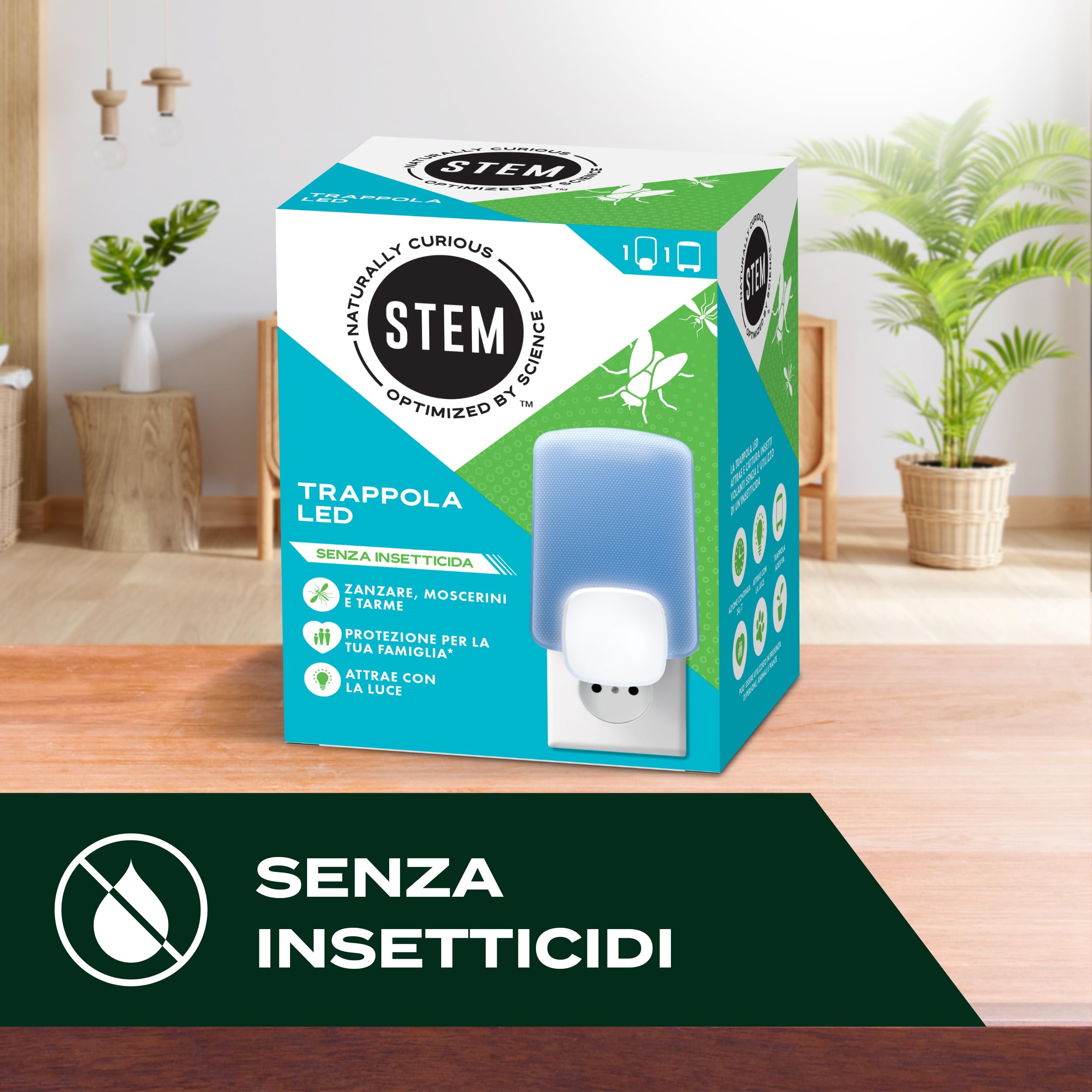 STEM Pułapka na muchy i przeciw molom LED, bez środków owadobójczych, ochrona 24/7 przed latającymi owadami, do użytku wewnętrznego, 1 baza i 1 wkład