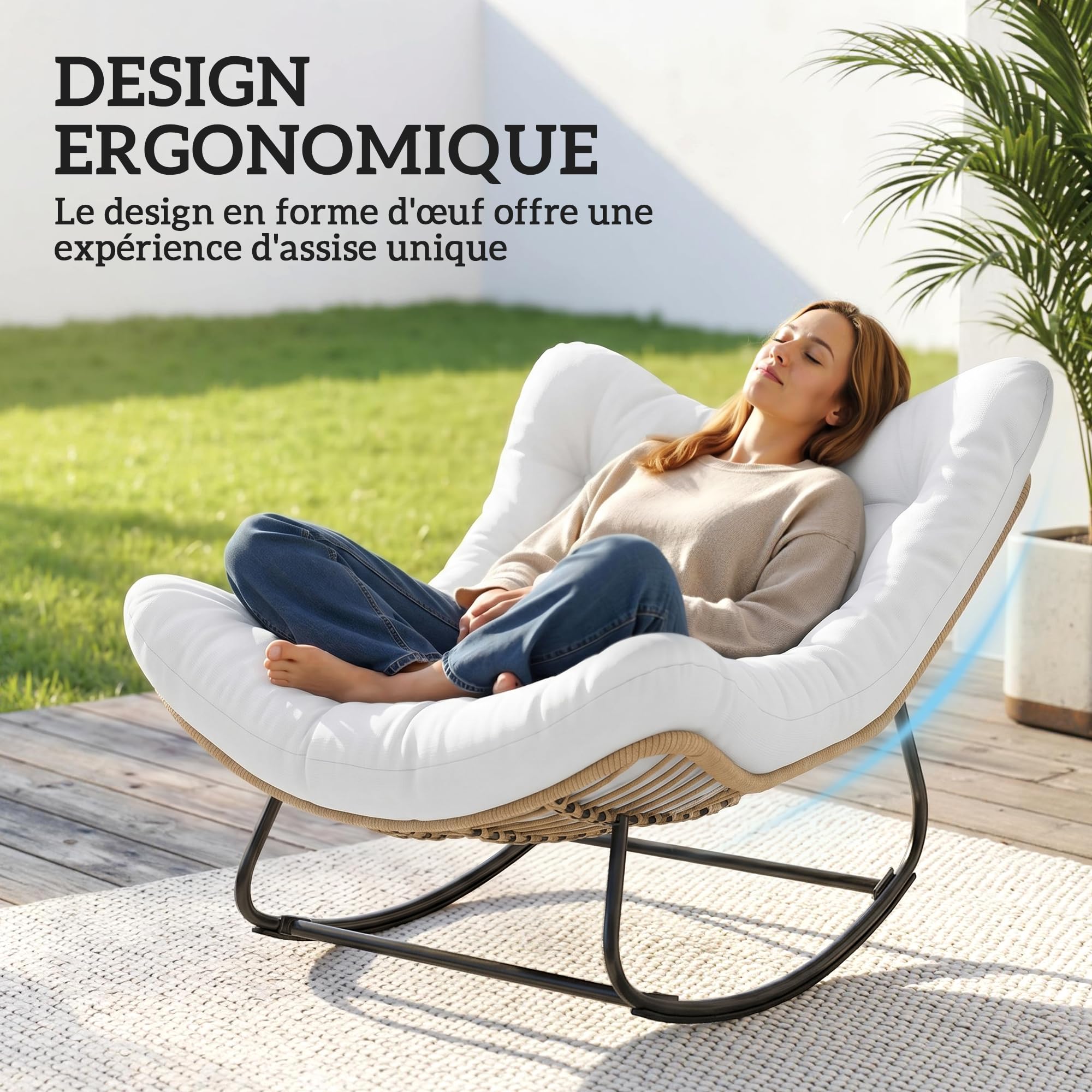 Outsunny - Silla mecedora de jardín con forma de huevo de resina trenzada, con cojín acolchado para jardín, dormitorio, sala de estar, crema