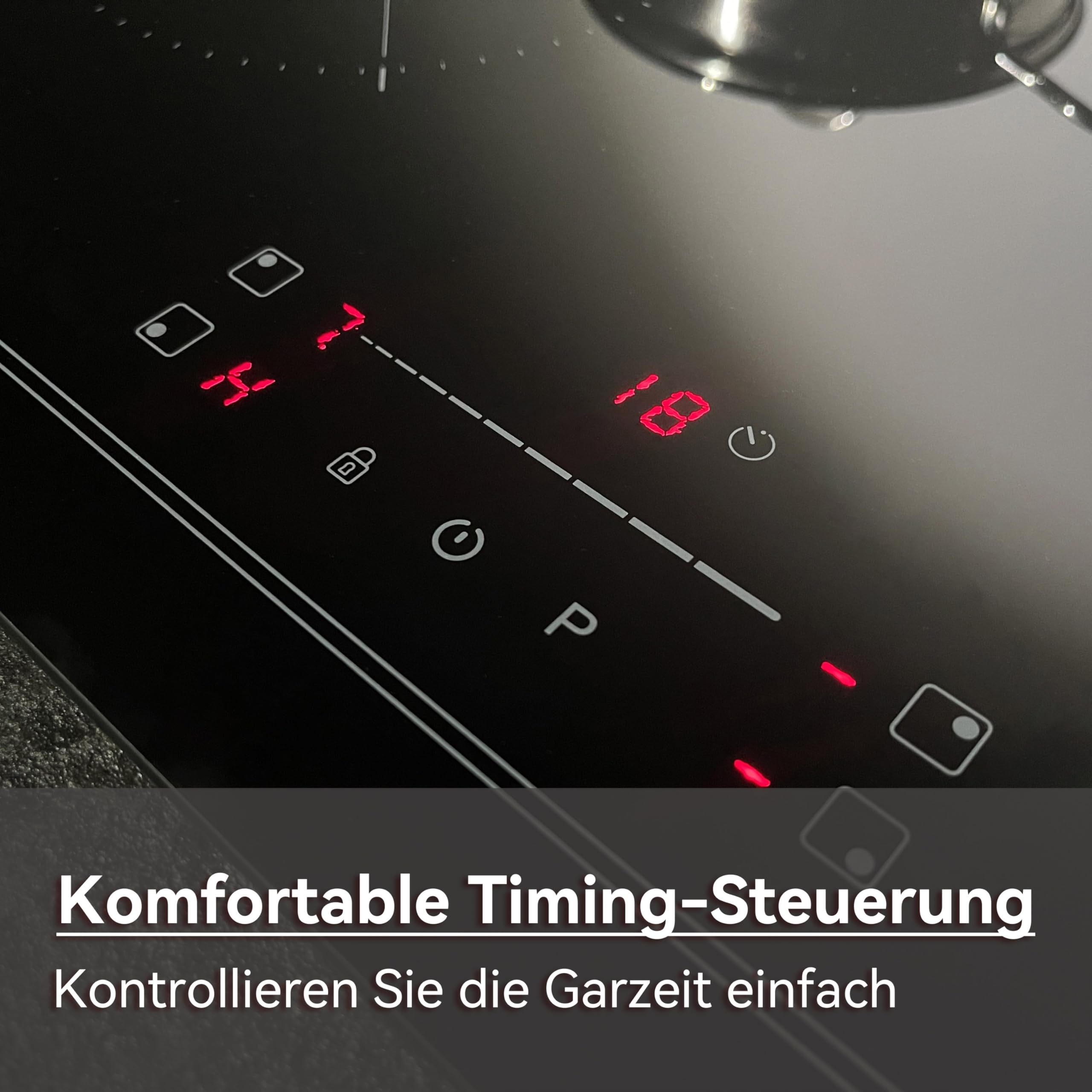 Induktionskochfeld 60cm, Eingebautes Schwarzes elektrisches Kochfeld, mit 4 Kochzonen, 9 Leistungsstufen, Geeignet für Eisen- und Edelstahltöpf