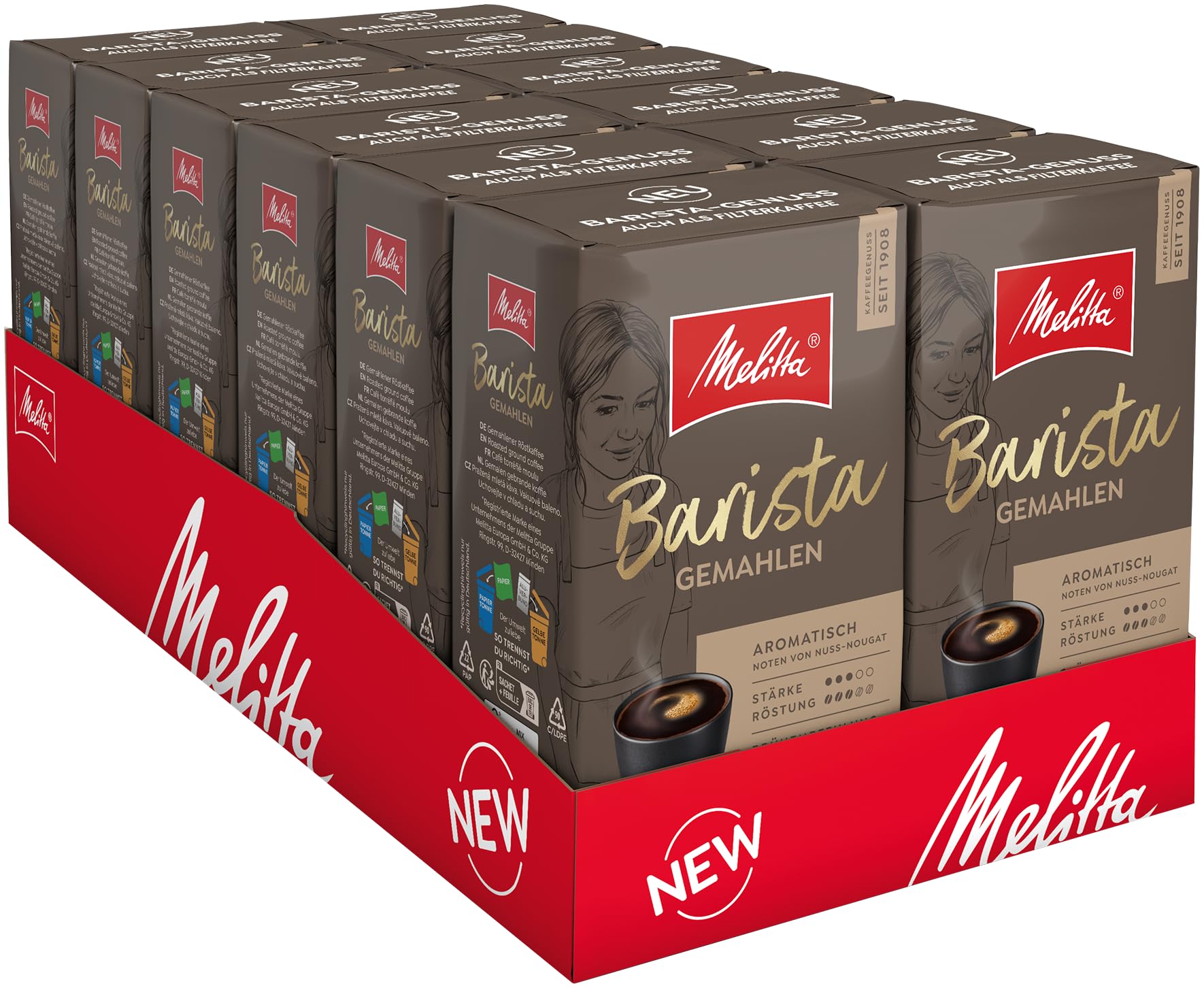 Melitta Barista Filter-Kaffee 12x500g, gemahlen, Pulver für Filtermaschine & Handaufguss, mittlere Röstung, geröstet in Deutschland