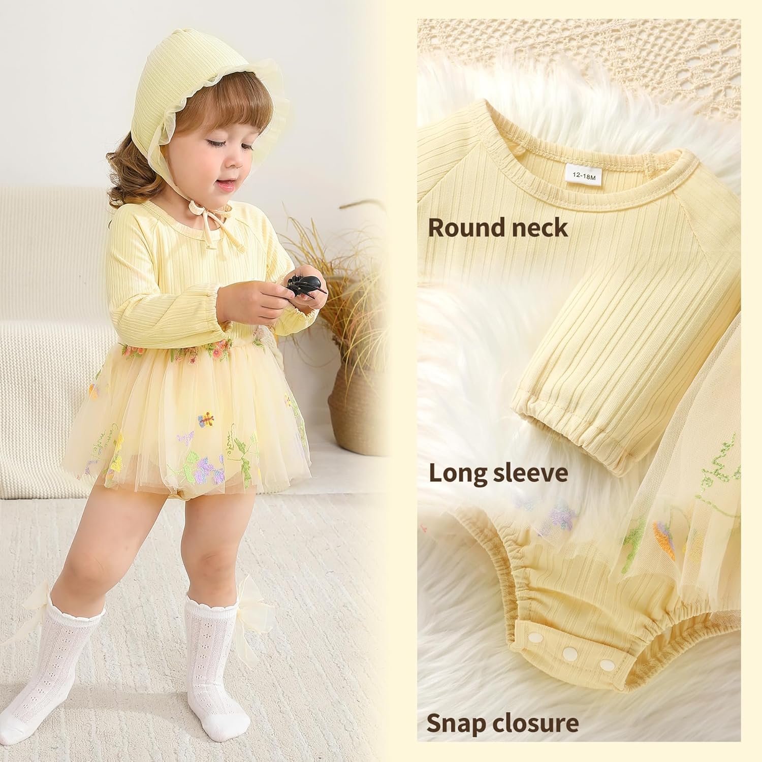 YOUNGER TREE Newborn Baby Girl Romper Dress Outfits Long Sleeve Floral Tutu Bodysuit with Leggings Hat Infant Fall Clothes - Image 2