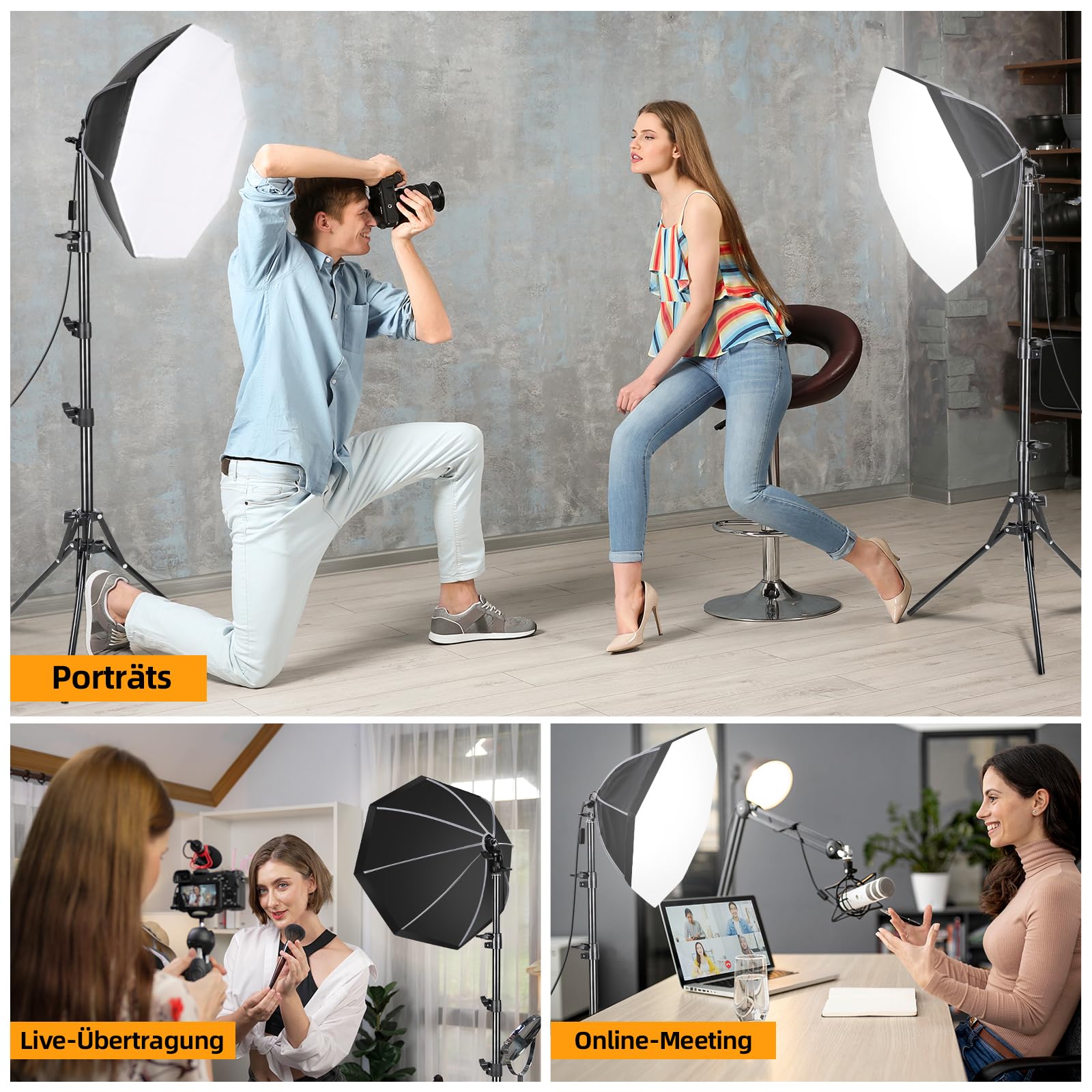 50 cm 60 W 3000-6500K octogonal softbox avec 3 Modes de Couleur, Suite d'éclairage de Studio avec Support Pliable de 1,5 m pour la Configuration Rapide de la Photographie et de l'interview de Studio