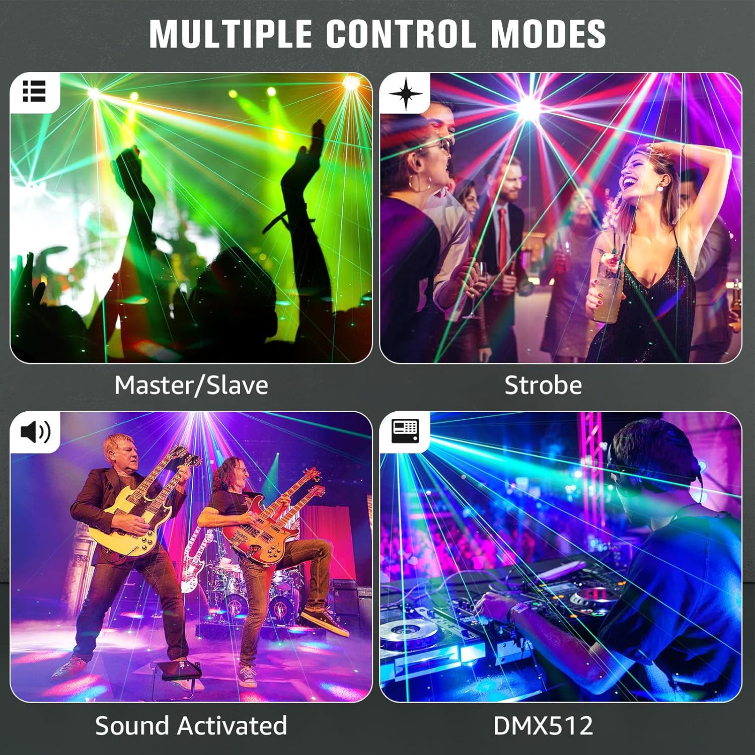 Four panels depicting different control modes: Master/Slave, Strobe, Sound Activated, and DMX512