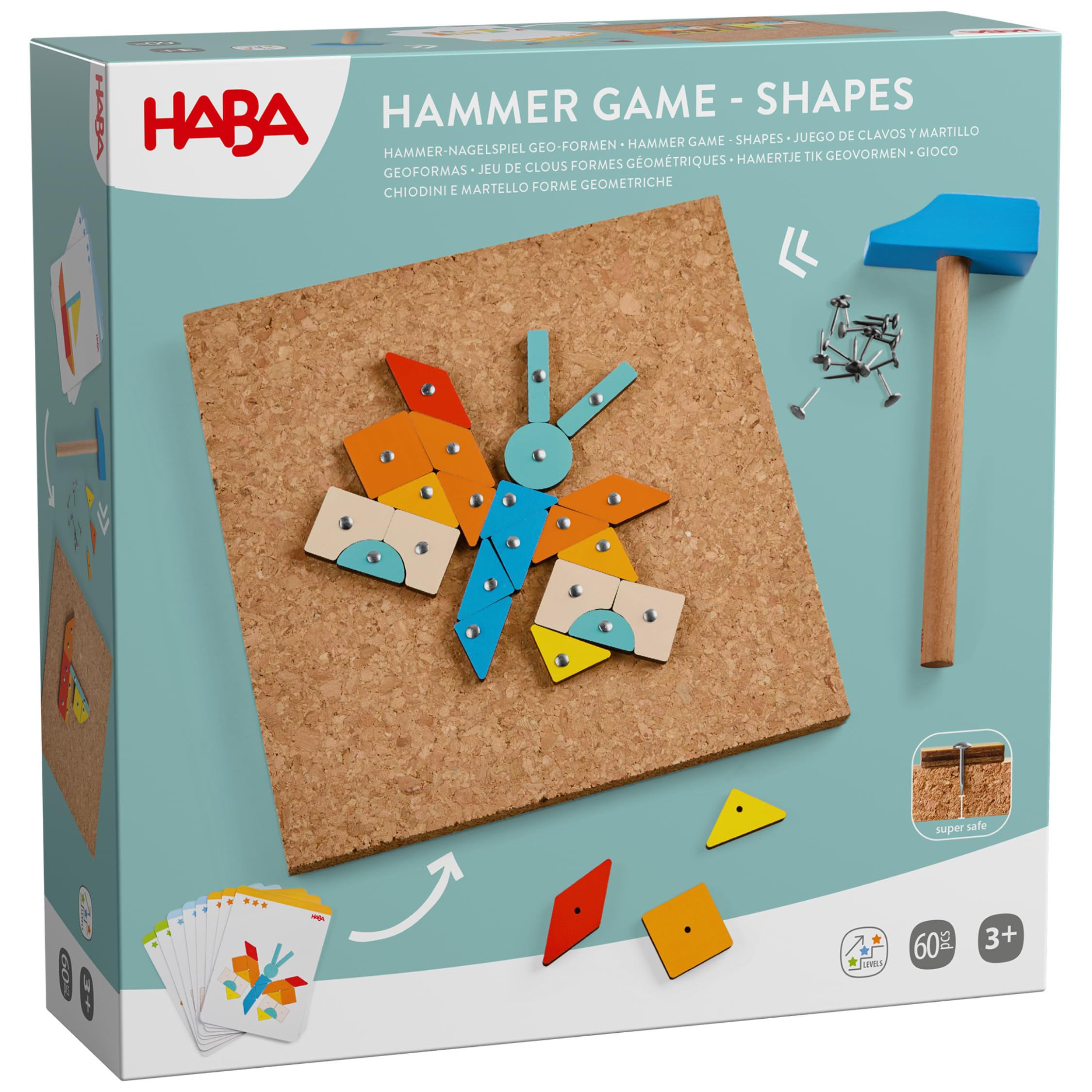HABA Jeu du Marteau Formes géométriques : Jouet en Bois avec Marteau et Clous pour Enfants dès 3 Ans – Jouet créatif avec Plaque en liège et modèles – 2013791001