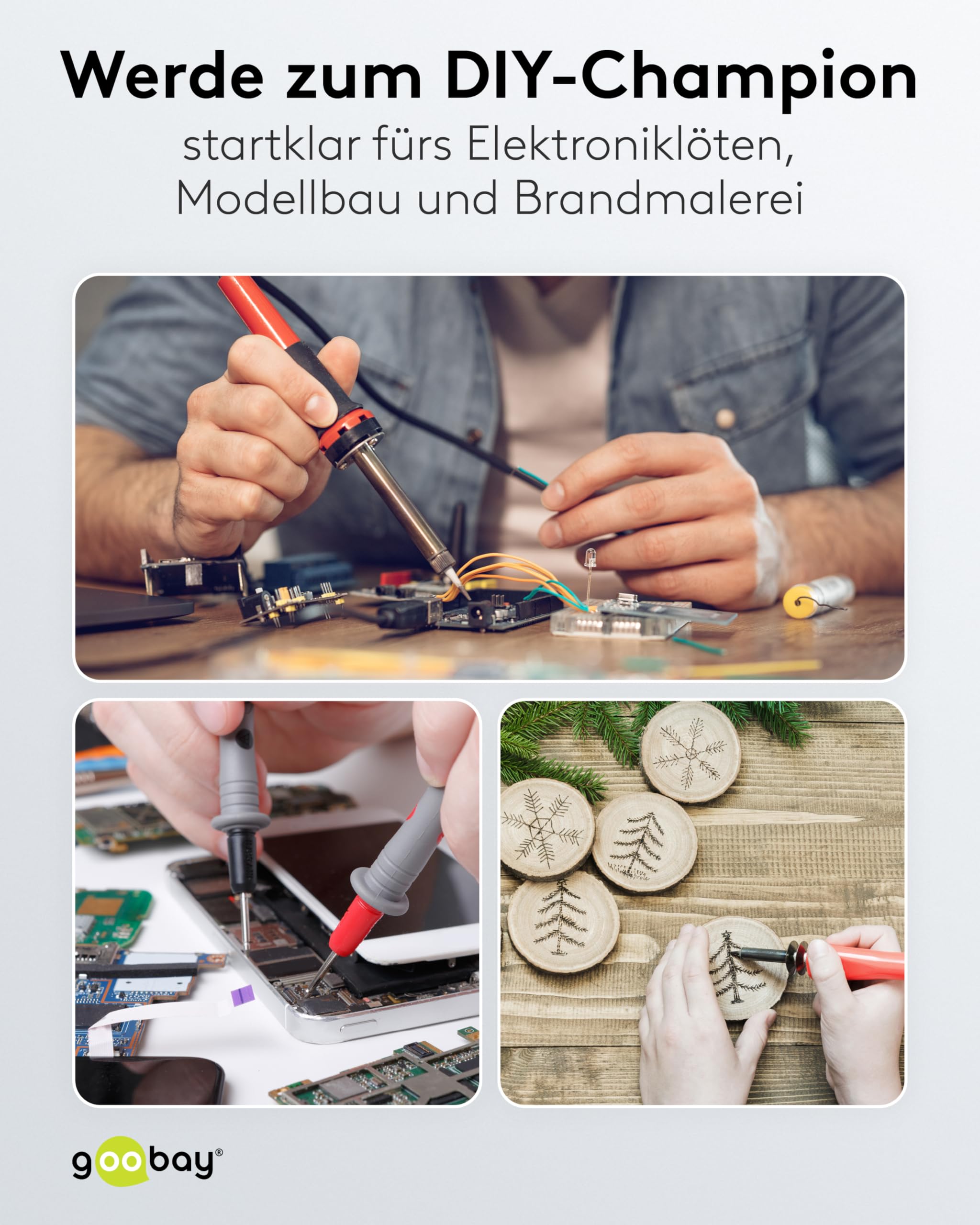 goobay Lötset Starter 12-teilig mit Lötkolben (100–500 °C), 5 Lötspitzen, Halter, Entlötpumpe, Abisolierer, Pinzette, Lötzinn, Schwamm, für Elektronik, Modellbau & Reparaturen, 77995