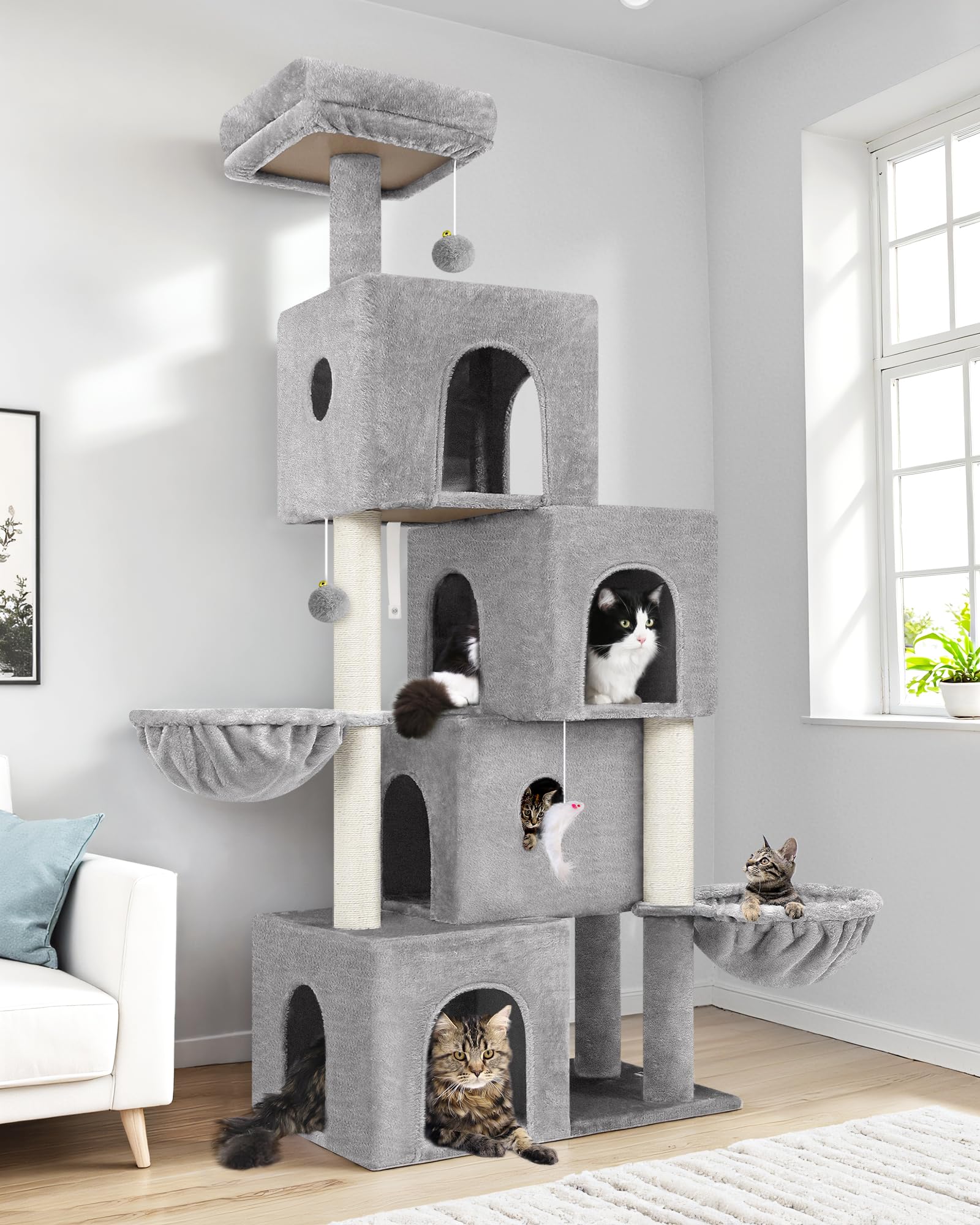 Globlazer Multi-Level Large Cat Tower with 4 Spacious Cat Condos, 70in Tall Cat Tree for Multiple Indoor Cats with 3 Fully-Sisal Scratching Posts, 2