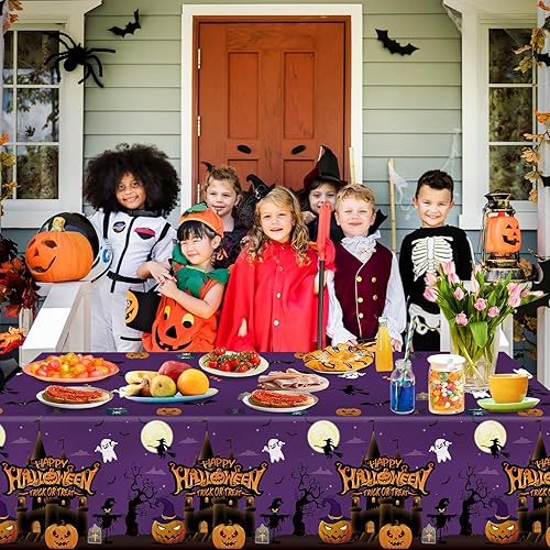 Miniatura 7 de Paquete de 3 manteles de Halloween, fundas de mesa grandes para fiesta de Halloween, murciélagos y calabazas, mantel de plástico para decoración de