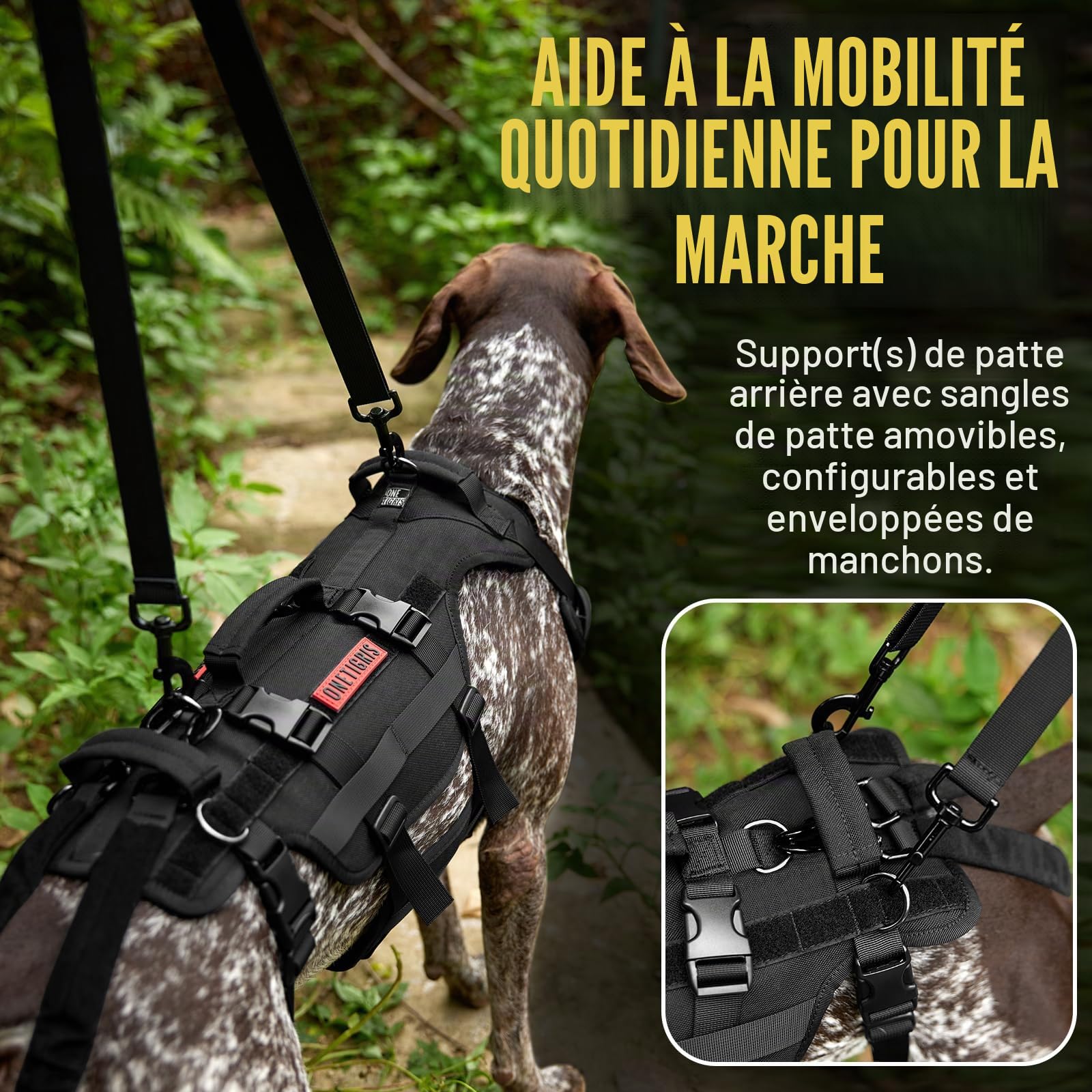 OneTigris Harnais de Levage pour Chien, Invictus Harnais pour Chien handicapé Sangle réglable, 3 poignées et Leggings arrière Amovibles - Noir S