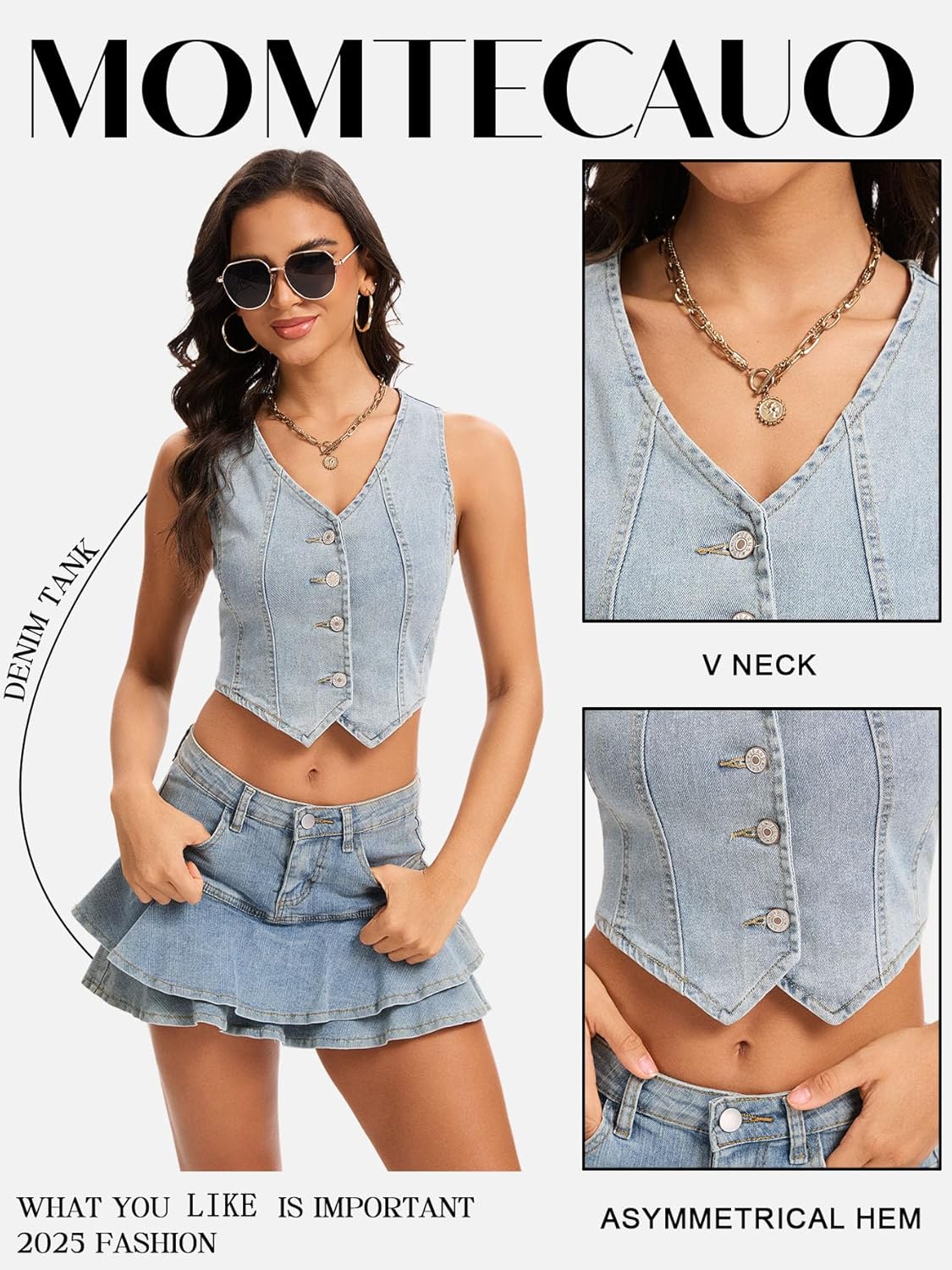 Women's Denim Vest Crop Jean Vest Tops Sleeveless V Neck Button Down Fitted Summer Western Country Denim Waistcoat - Image 3