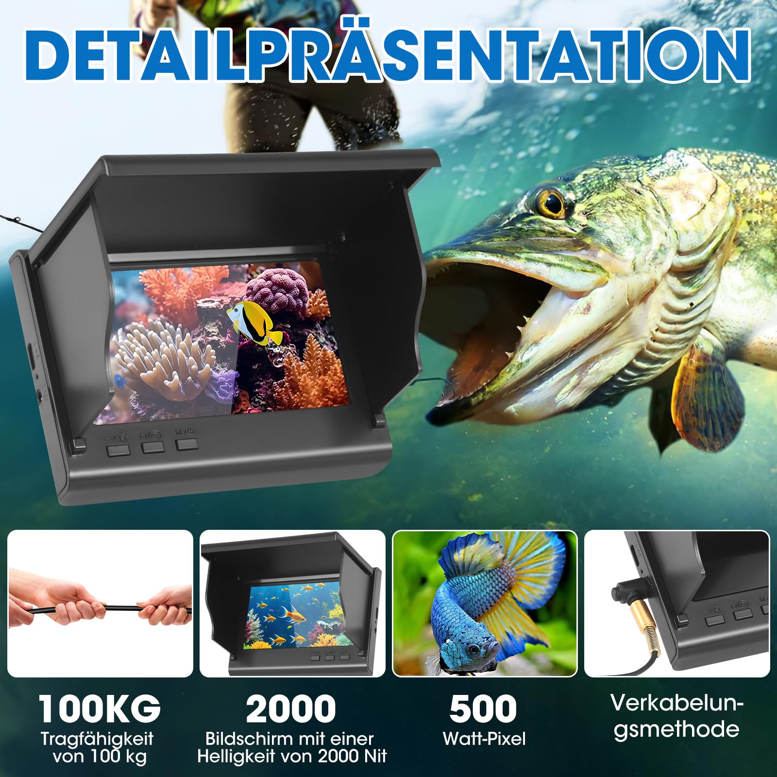 Fishfinder Cámara Submarina Pesca, Gran Angular Infrarrojo Visión Nocturna, Cámara Submarina Buscador de Peces con 220° HD Cámara y 30 m de Cable para Todas las Aguas - Cámara de Pesca para Pescadores
