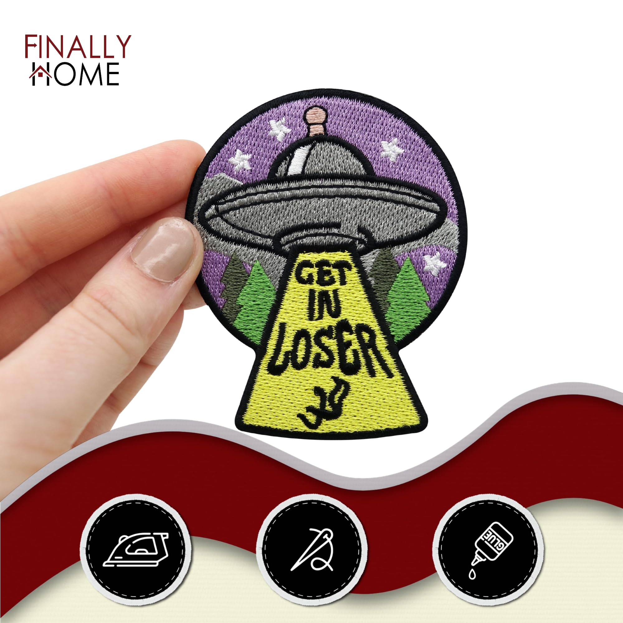 Finally Home Parche redondo para planchar con diseño de Alien en el OVNI Finally Home Parche redondo para planchar con diseño de Alien en el OVNI