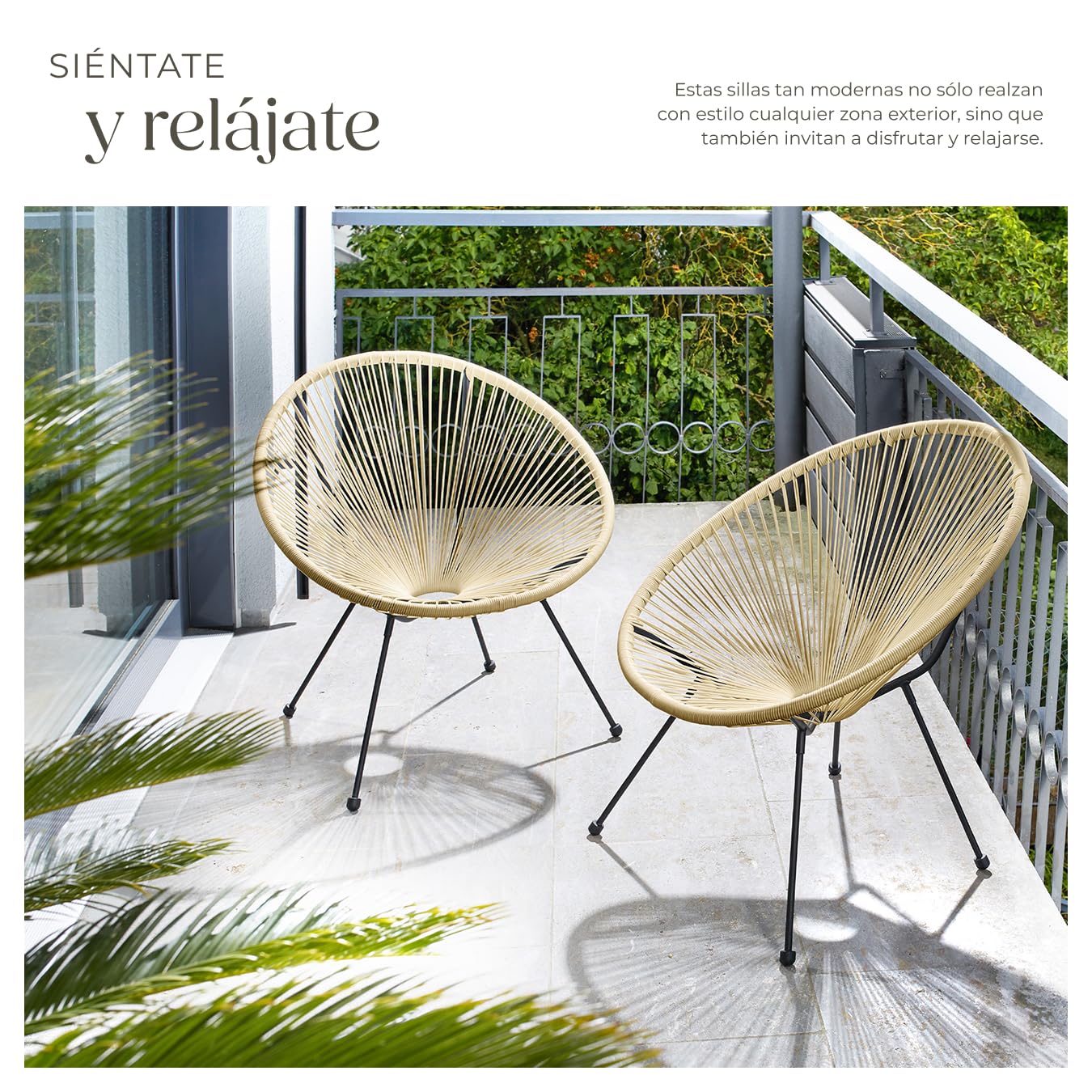 tectake® Conjunto de 2 Sillas Jardín Exterior Estilo Acapulco, Conjunto Sillas Terraza de Acero, Resistente a Intemperie, Hilos de Polietileno y Topes en Patas, Hasta 120kg, Interior/Exterior - beige