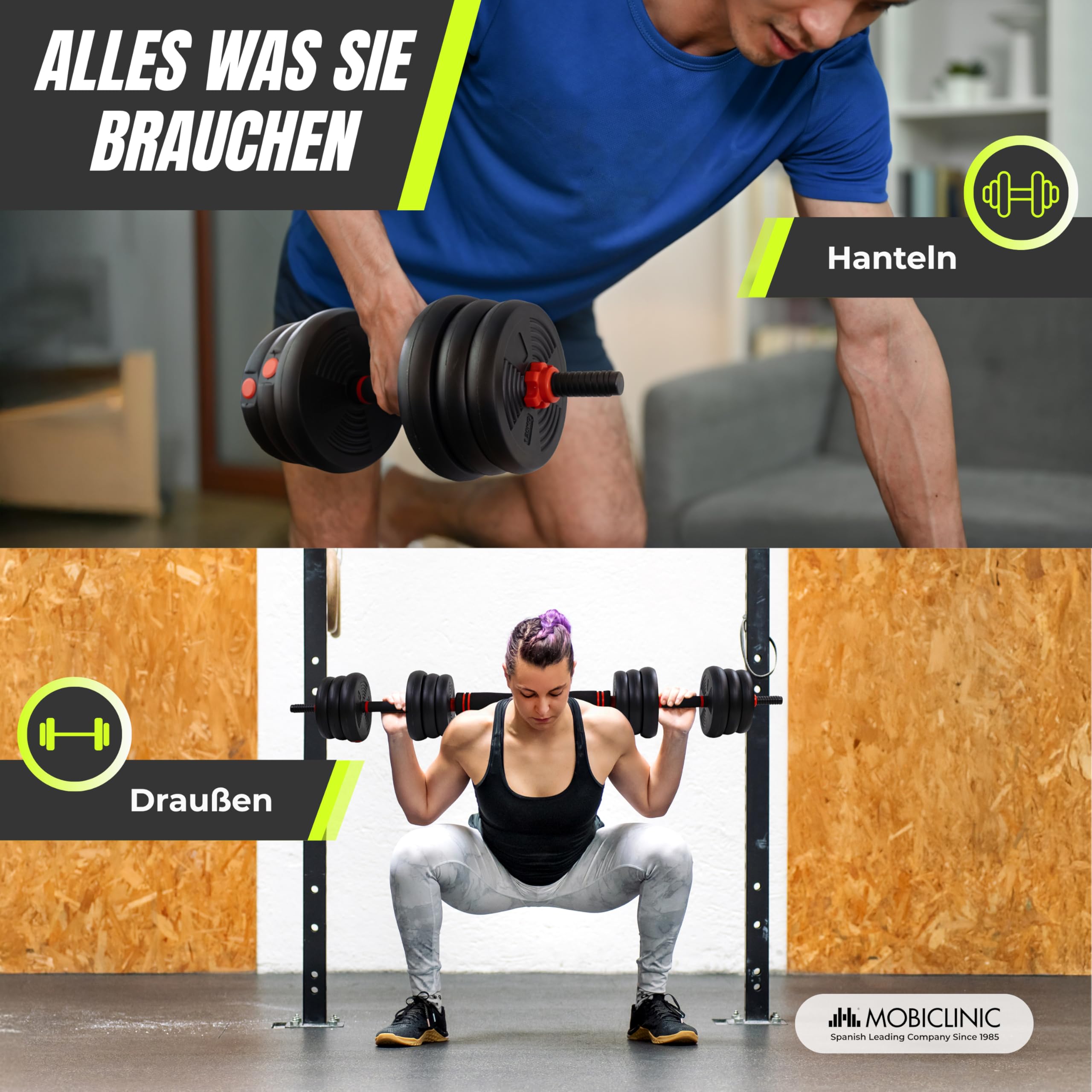 Mobiclinic®, Verstellbare Hanteln 20 kg, 4 in 1, Gewichtsset, Hanteln, Kugelhanteln und Liegestützständer, Verbindungsstange, Rutschfester Griff, Mobimax, Home Gym, Fitness