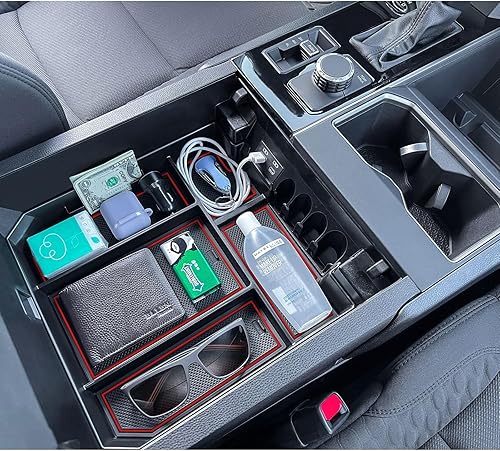 TOPINSTALL Bandeja de consola central de tamaño completo color rojo compatible con Toyota Tundra 2022-2024 y Sequoia Accessories 2023 Organizador de