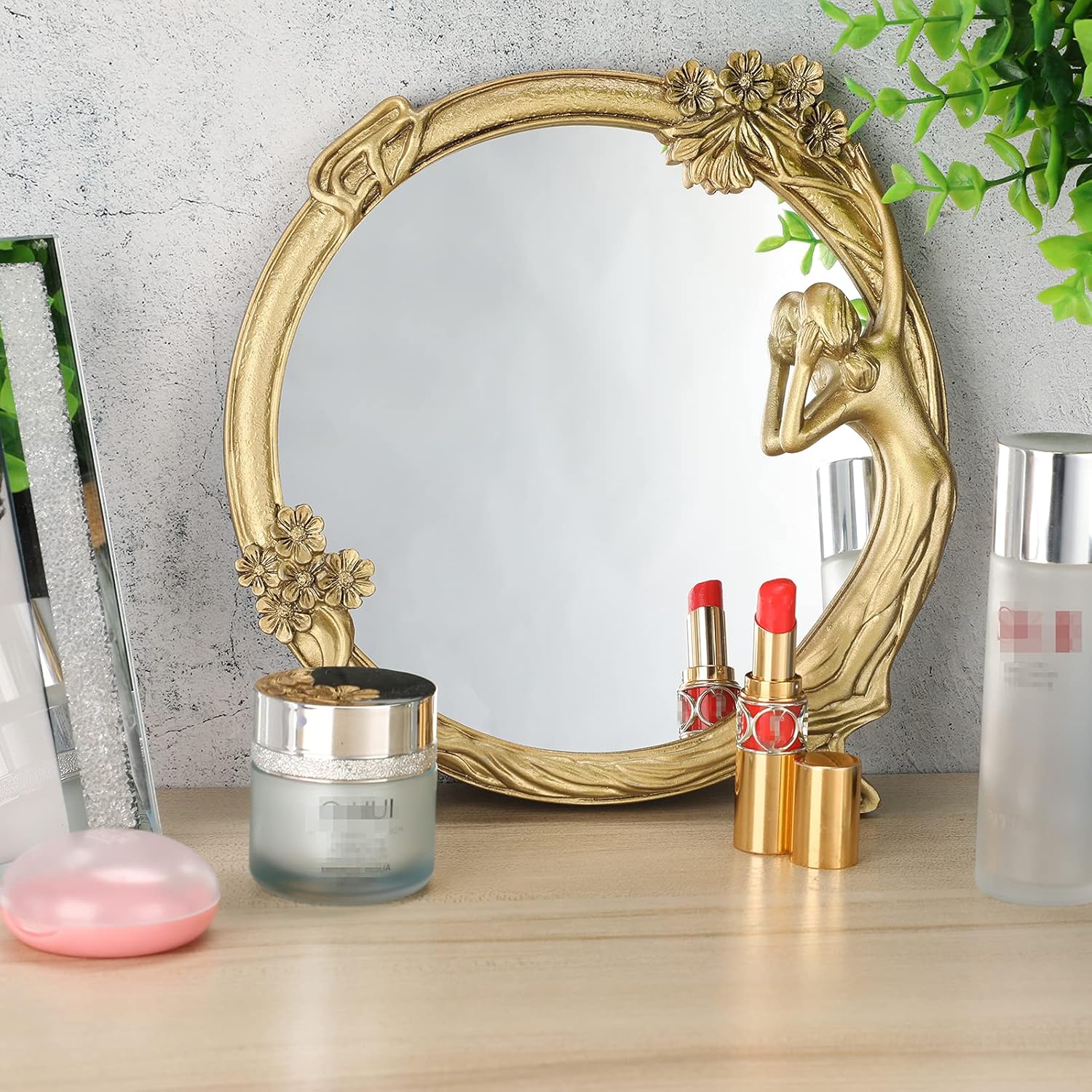 JUXYES Antique Gold Small Decorative Mirror for Wall and Desktop, Vintage Cosmetic Mirror with Beauty Golden Frame, Elegant European Wall Hanging Dressing Mirror Decor for Bathroom Bedroom