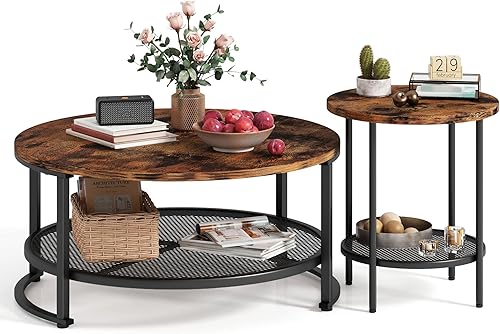 LINSY HOME Mesa de centro redonda para sala de estar, mesa de centro industrial con almacenamiento abierto, superficie de madera rústica y patas de