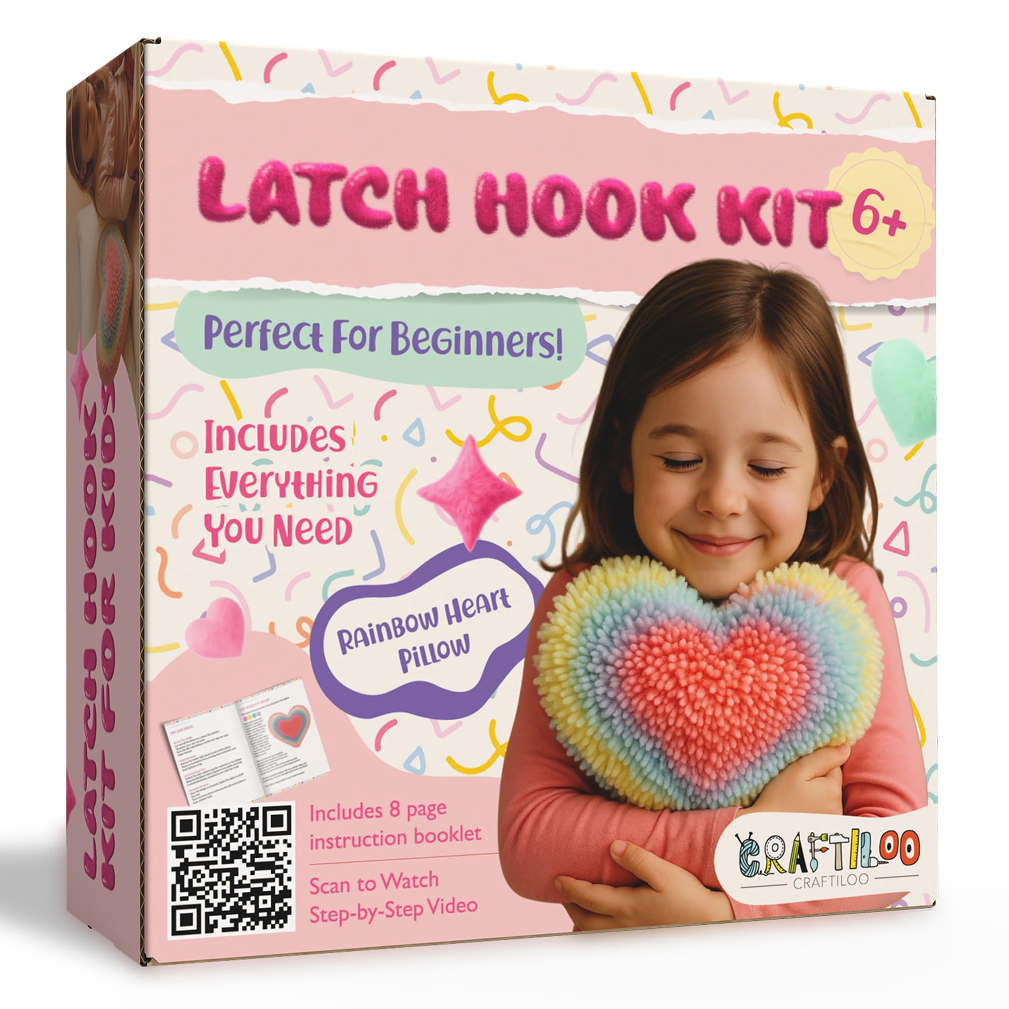 CRAFTILOO Latch Hook Kit for Kids Rug DIY Pillow Craft with Hook, Precut Yarn, Easy to Follow Pattern Cute Designs with Rainbow Heart Ages 6+