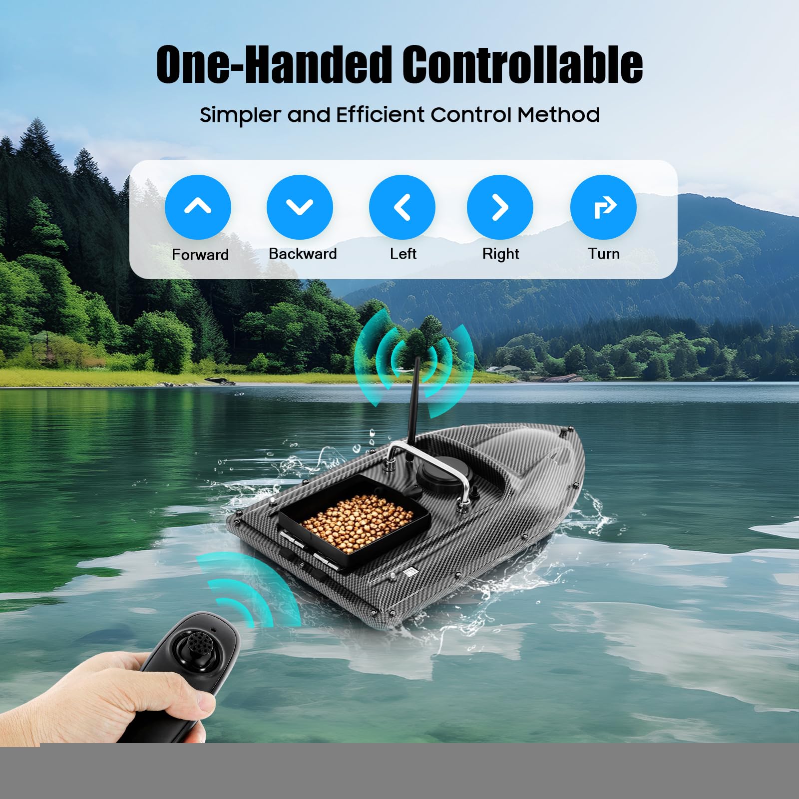 Barca per esche da pesca, 500 m, telecomandata, con luce a LED e piastra anti-groviglio, per laghi, ali, mari, portata 1,5 kg (nero)