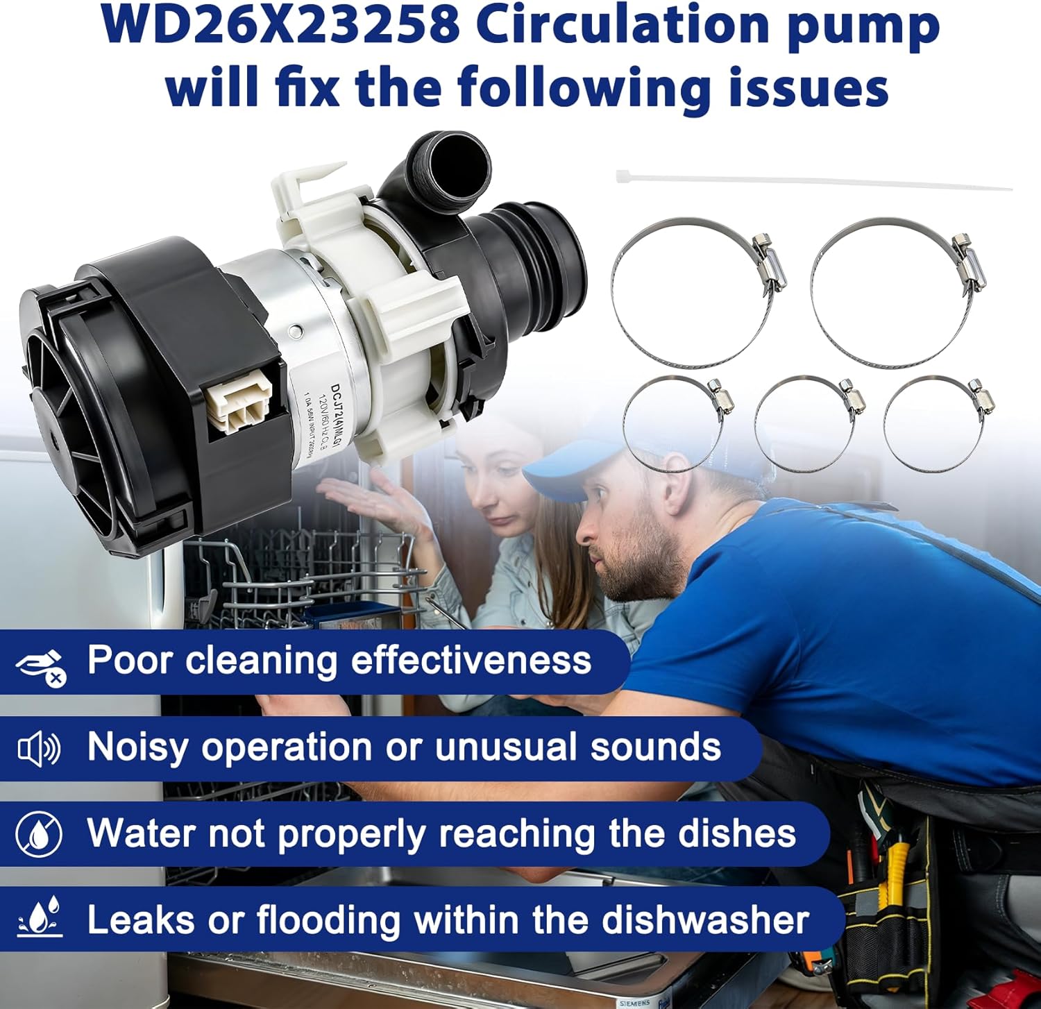 WD26X23258 Dishwasher Circulation Pump Assembly Compatible with ge Dishwasher: GDT605PMM0ES, GDT695SMJ0ES, GDF530PGM0BB, GDF630PSM0SS etc. Replace WD26X22285, WD26X22826, WD26X22518, EAP11772000 etc.