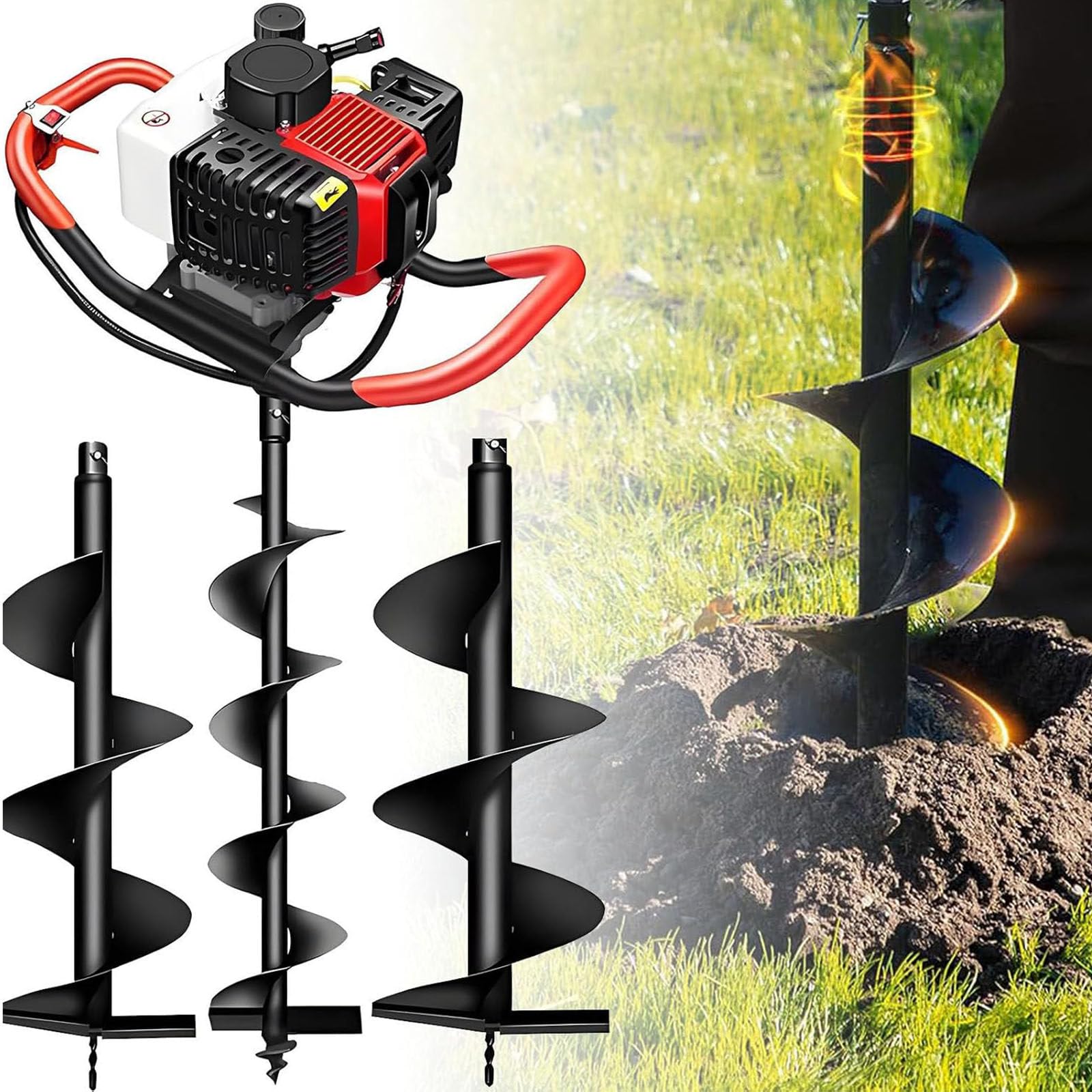 Mototrivella a Scoppio 158cc,4 Tempi Trivella a Scoppio per Terra,Sabbia,Ghiaia,Ghiaccio,Punta in Acciaio al Manganese,Cilindro Potenziato,Serbatoio 1200ml 4/6/8cm