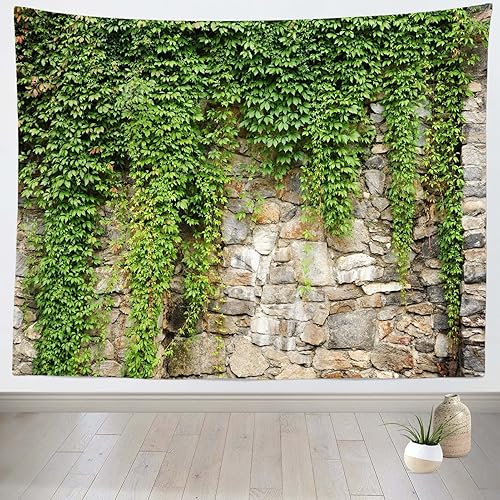 Miniatura 2 de BELECO Tapiz de pared de piedra con hojas para colgar en la pared, 176 x 118 pulgadas, jardín de primavera, pared de piedra vieja, tapiz de hojas