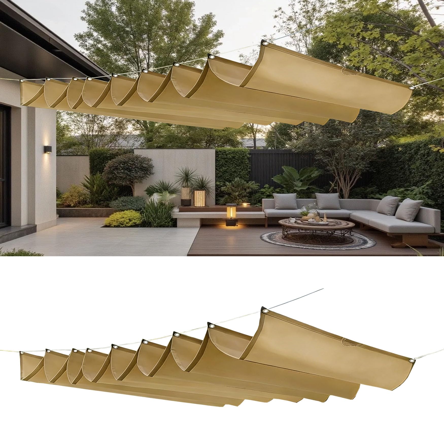 Voile d'ombrage rétractable kaki 105x850 cm pour pergola et terrasse